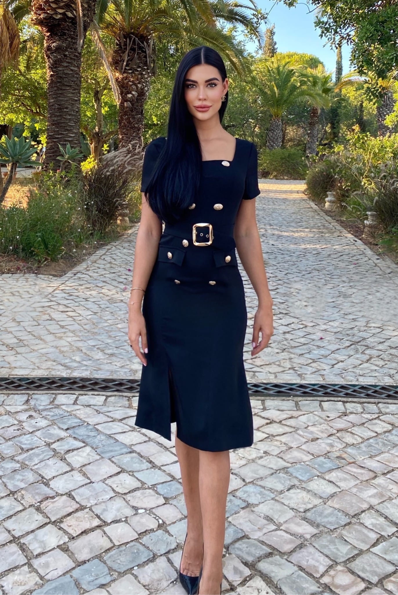 Belted Midi Dress With Gold Buttons