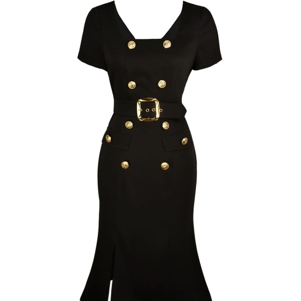 black dress with gold belt Belted Midi Dress With Gold Buttons