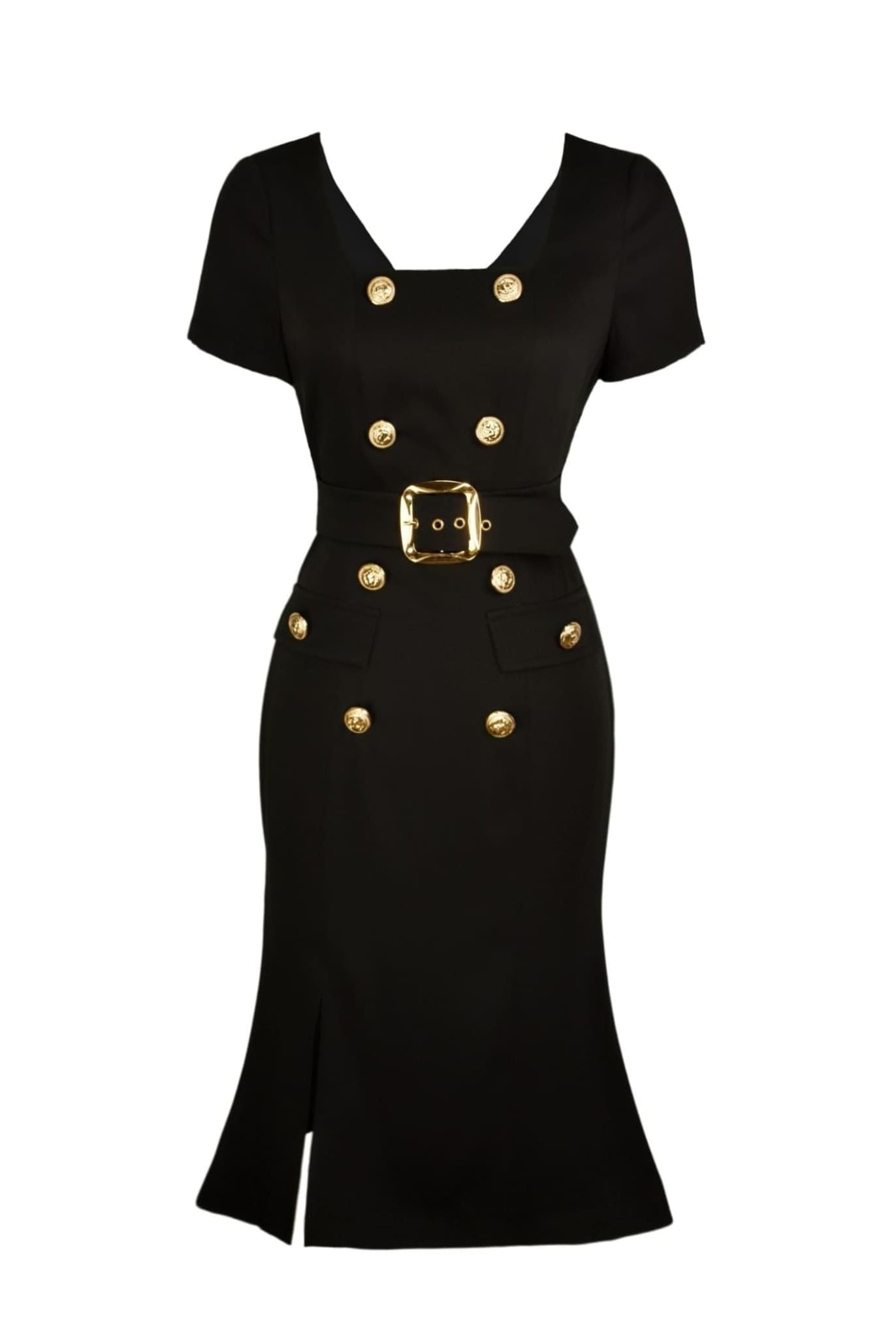 Belted Midi Dress With Gold Buttons