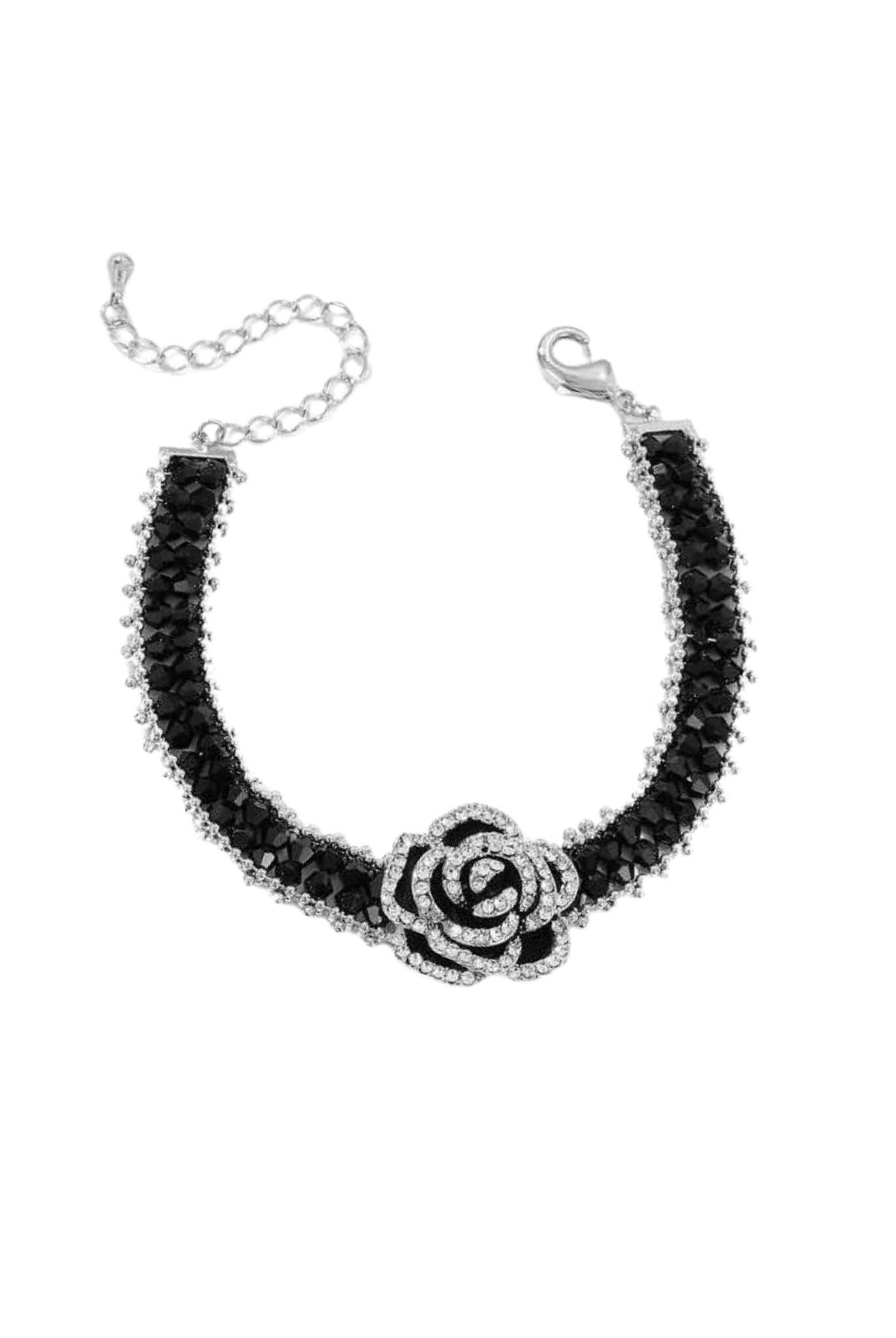 Black beaded bracelet with a sparkling camellia flower centerpiece.