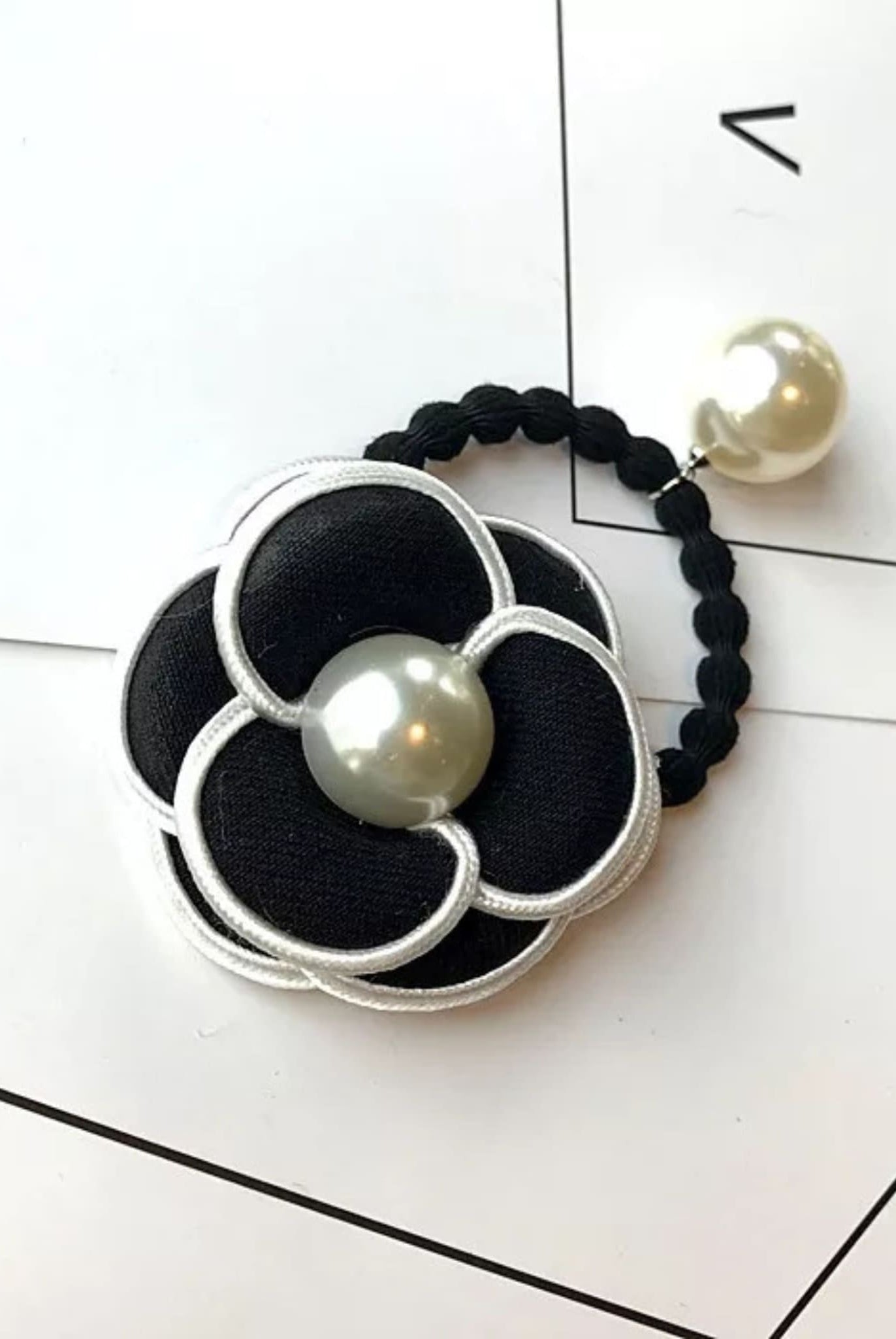 Black Camellia Flower & Pearl Hair Rope