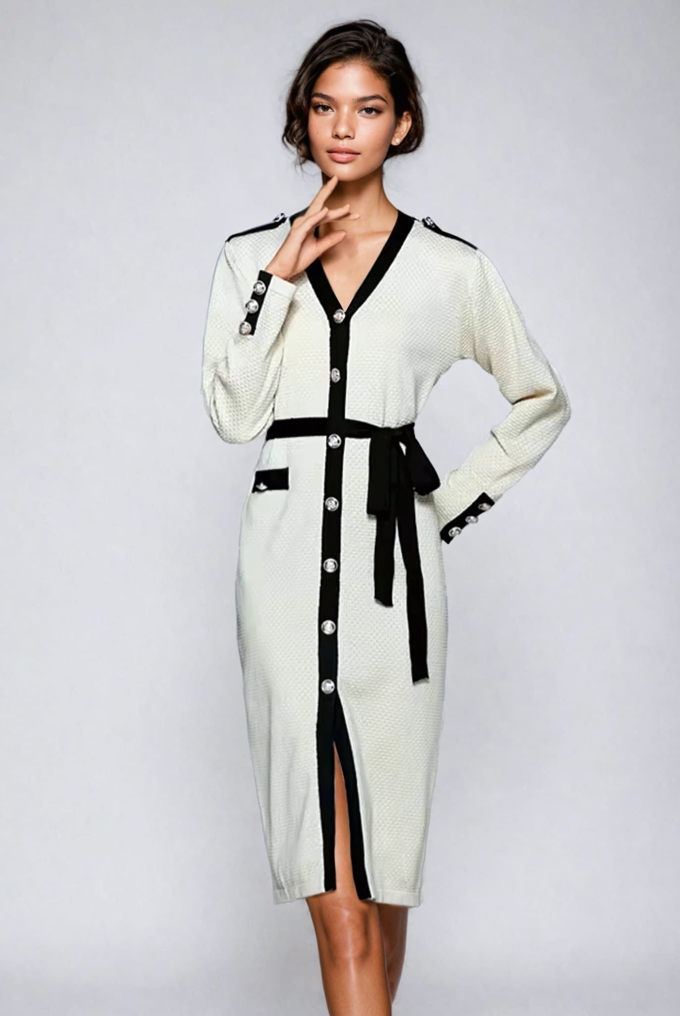 Cardigan Dress With Contrasting Trim In Beige