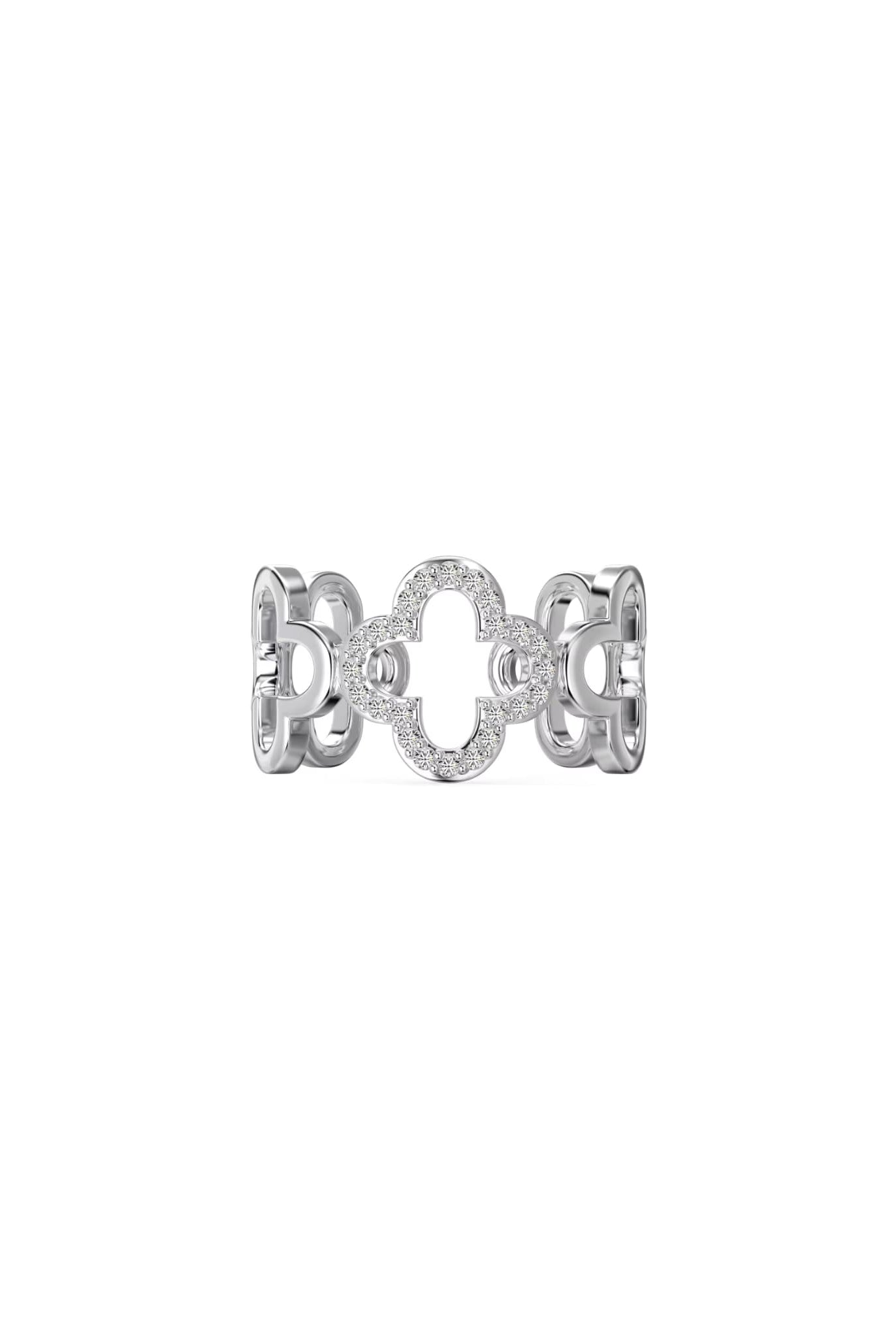Silver Celeste Clover Ring with pavé stones, featuring an elegant openwork design.
