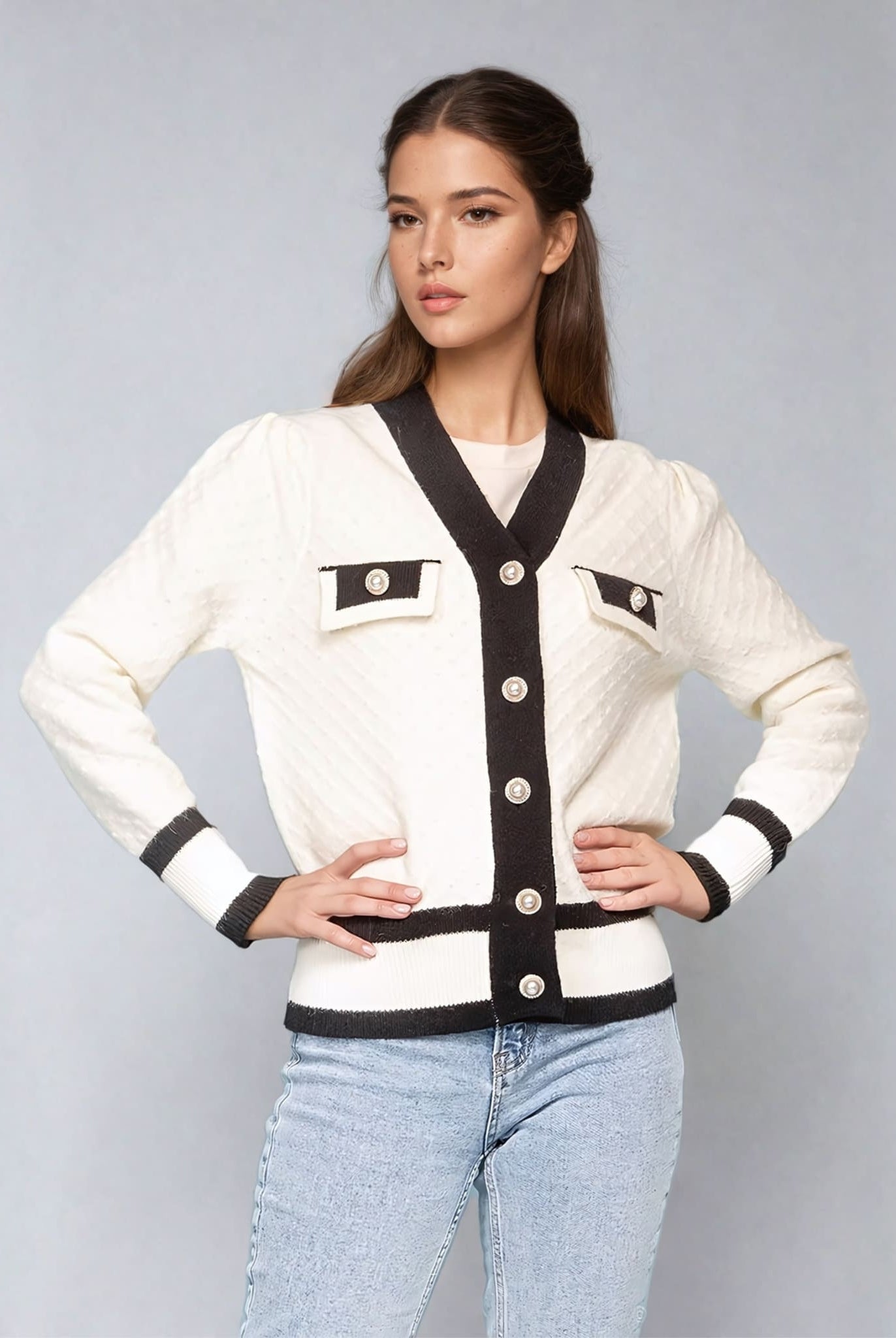 Chic Cardigan With Pearl Buttons White