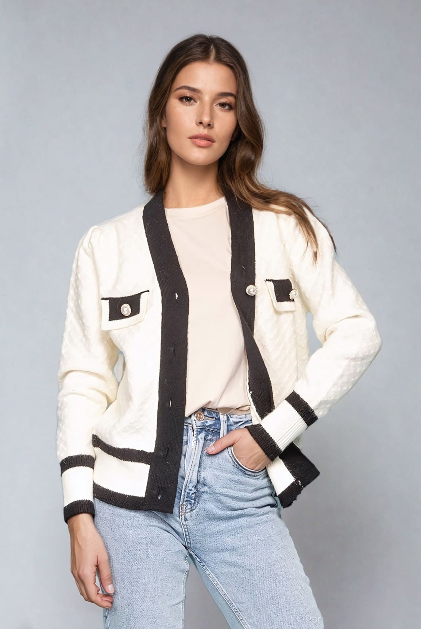Chic Cardigan With Pearl Buttons White