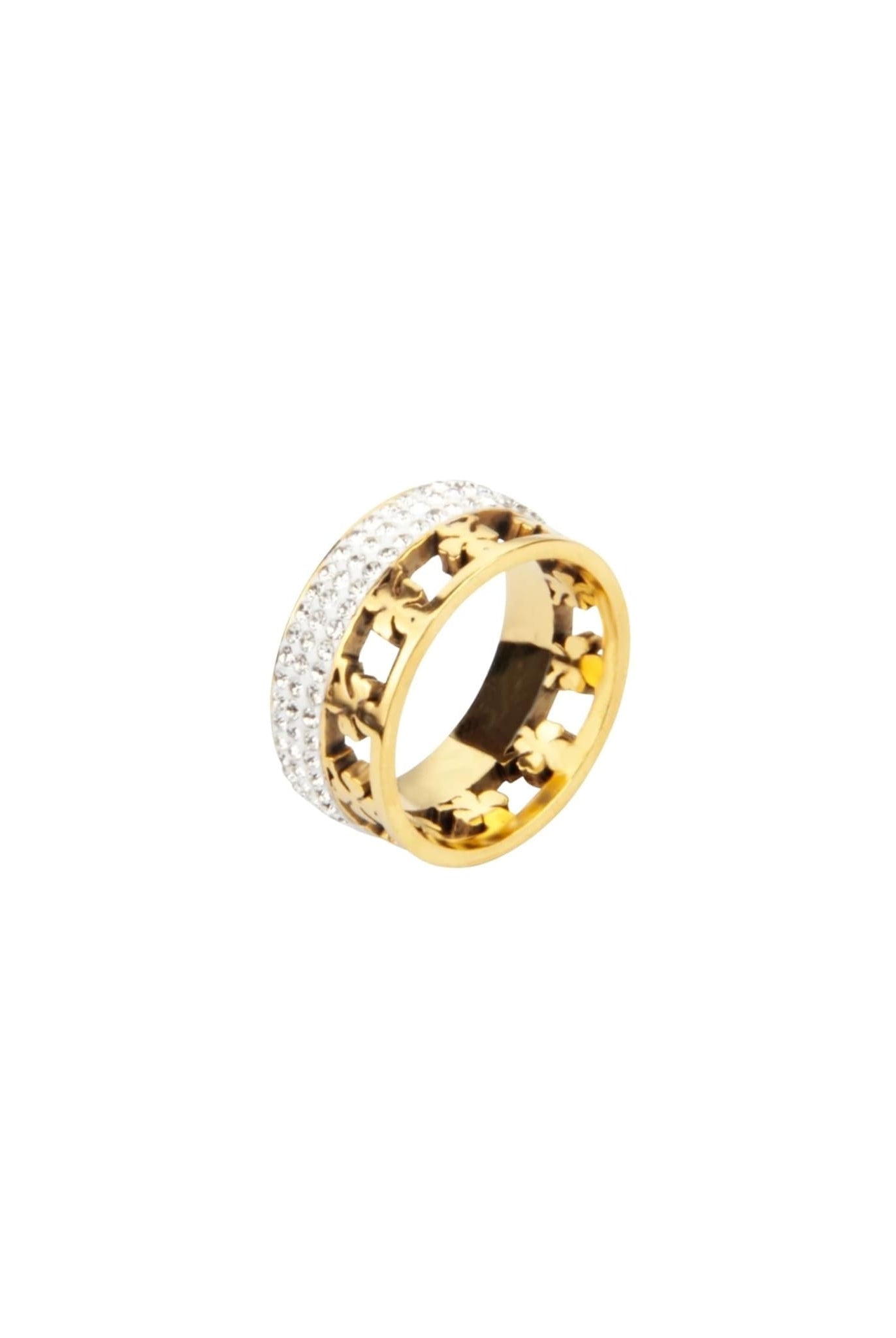Gold Chloe ring in stainless steel with rhinestones and cut-out design.