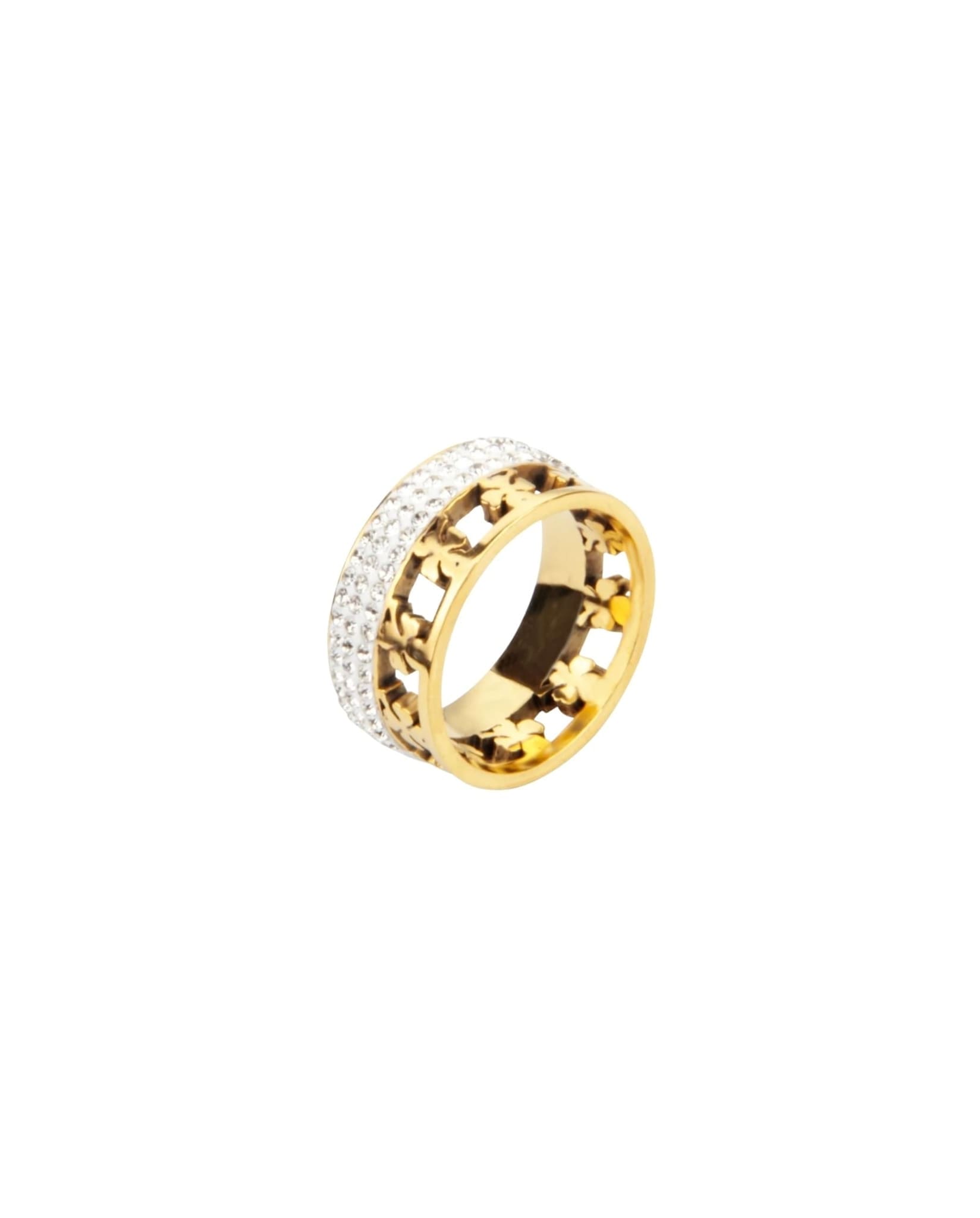Gold Chloe ring in stainless steel with rhinestones and cut-out design.