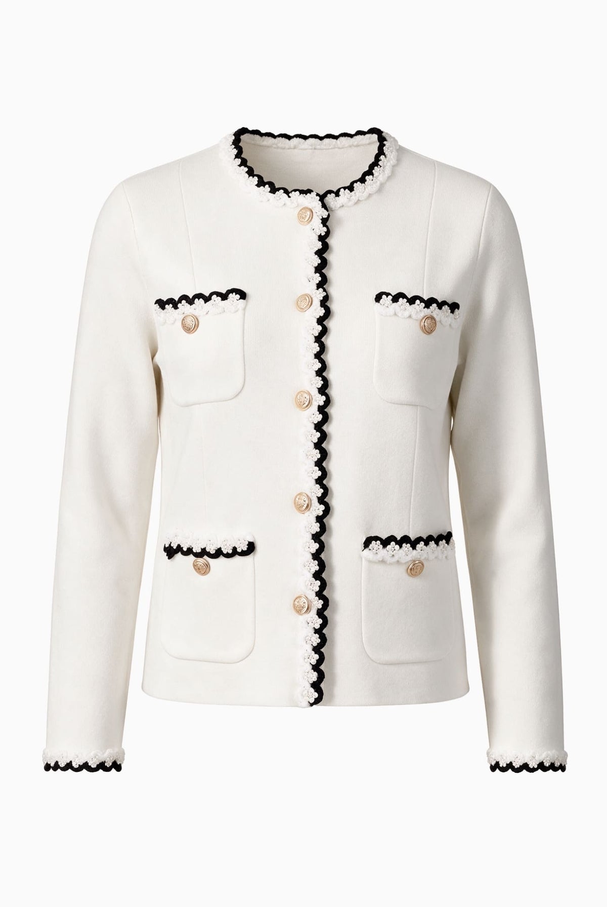 White cardigan with black and pearl trim, gold buttons and four front pockets.
