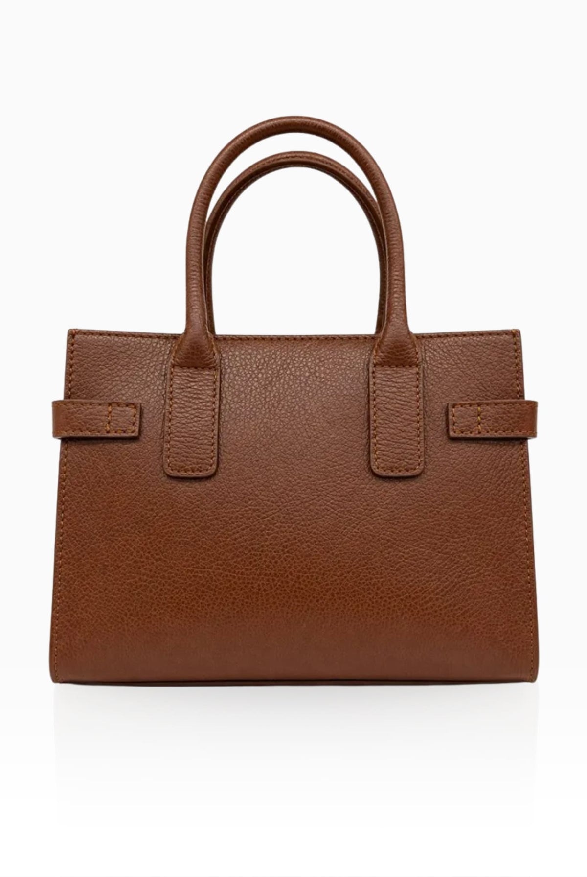 Classic brown leather handbag with structured silhouette and top handles.