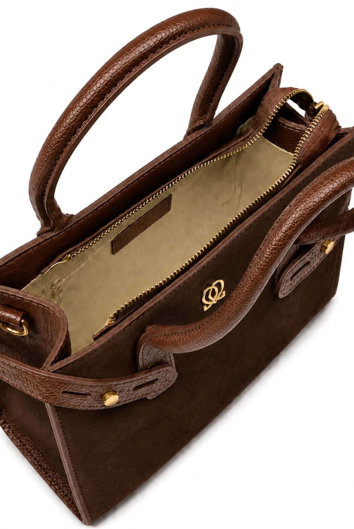 Brown leather handbag with gold-tone hardware and zippered interior compartment.