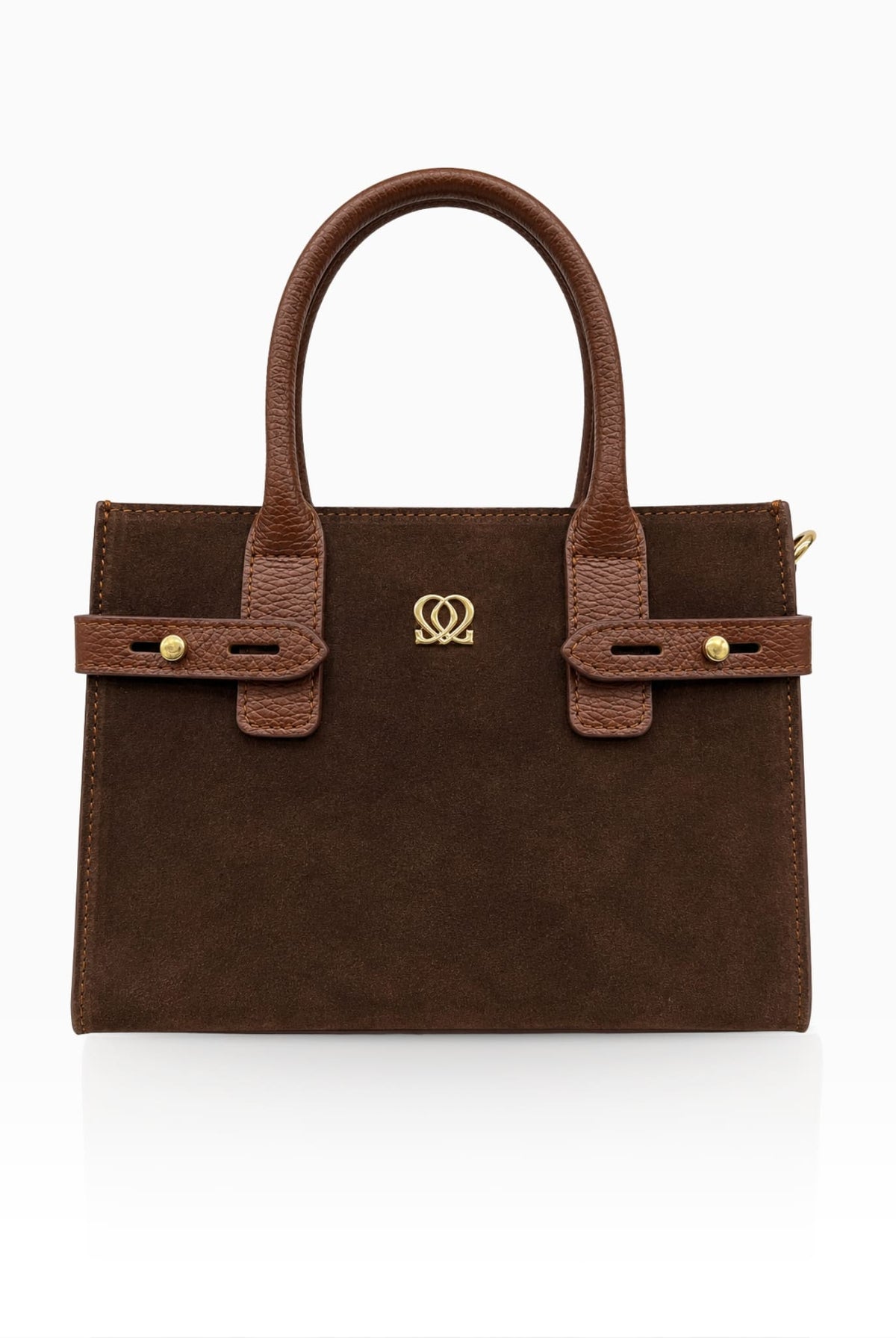 Classic brown leather handbag with suede front panel and gold-tone detailing.