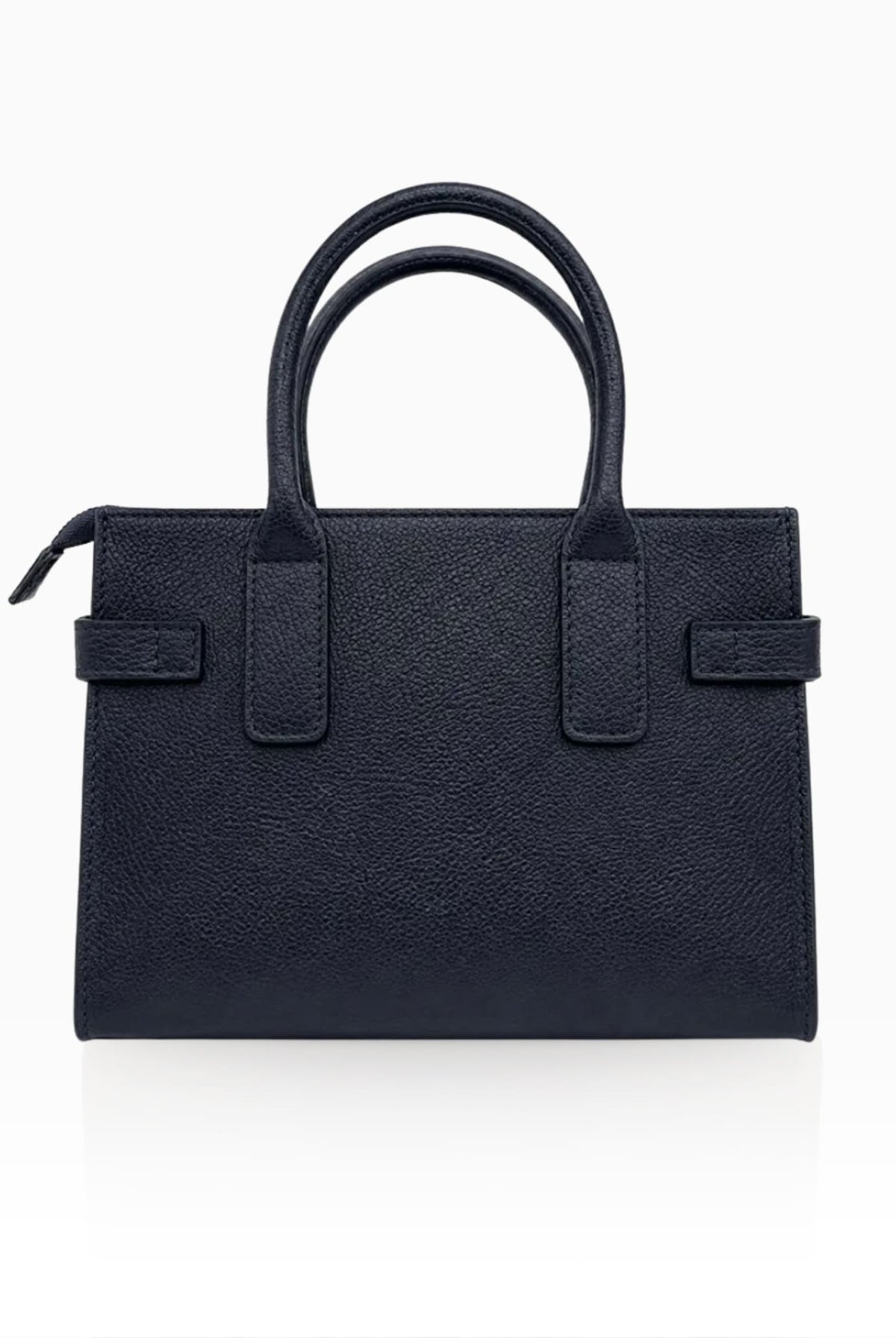 Classic navy leather handbag with structured silhouette and top handles.