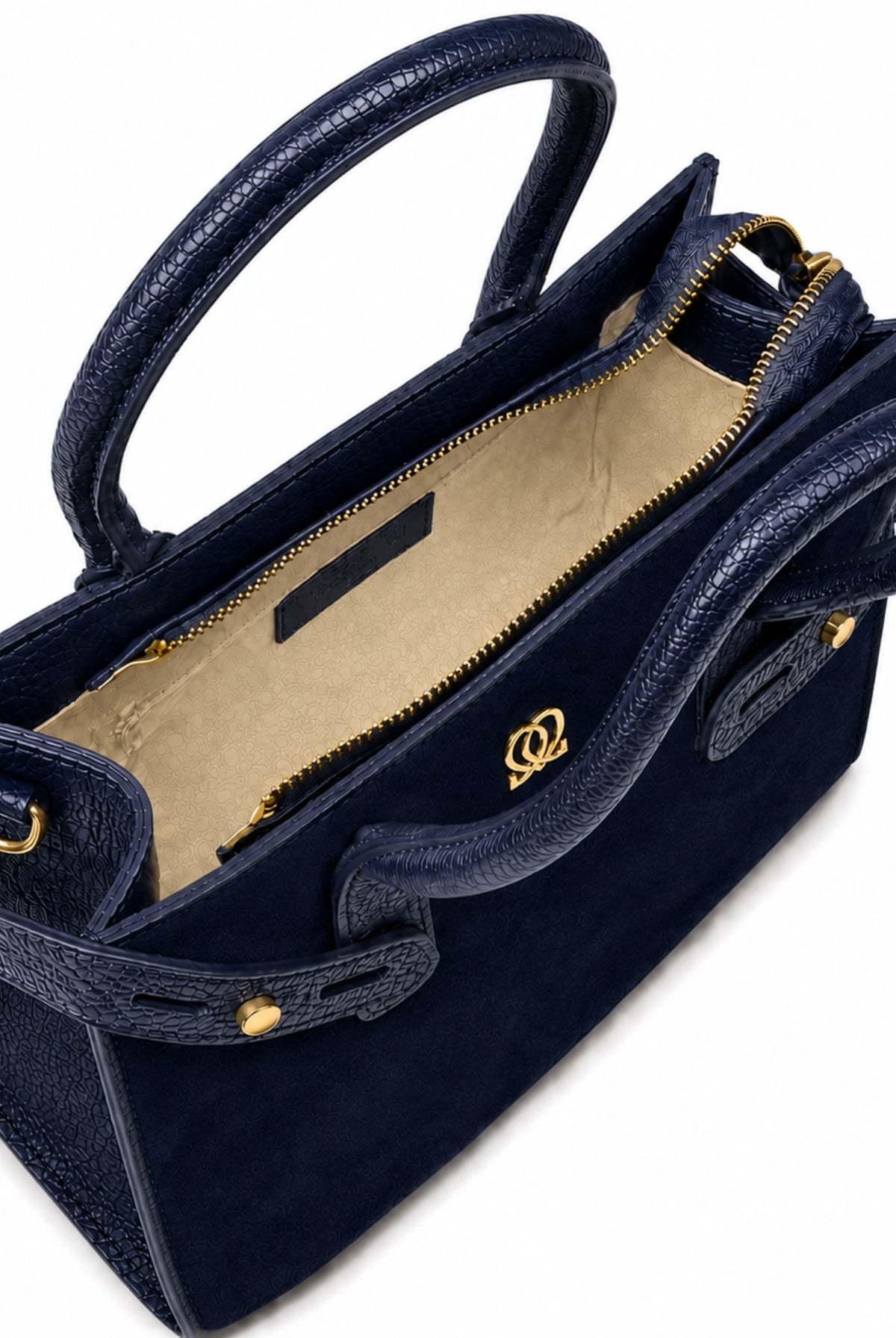 Navy leather handbag with gold-tone hardware and zippered interior compartment.