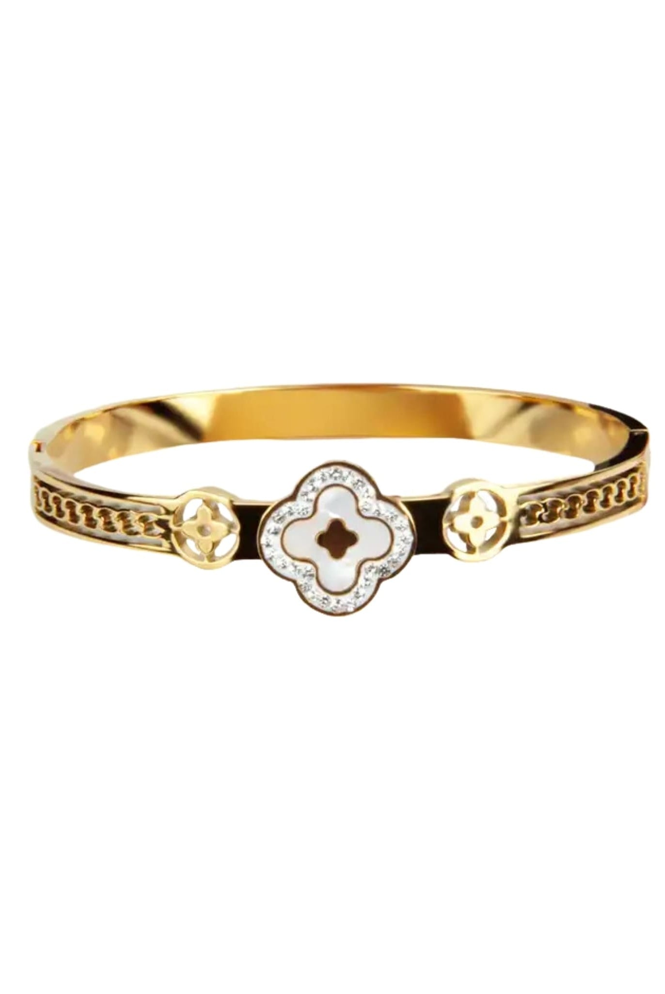 Gold clover bangle bracelet with white enamel and sparkling rhinestones.