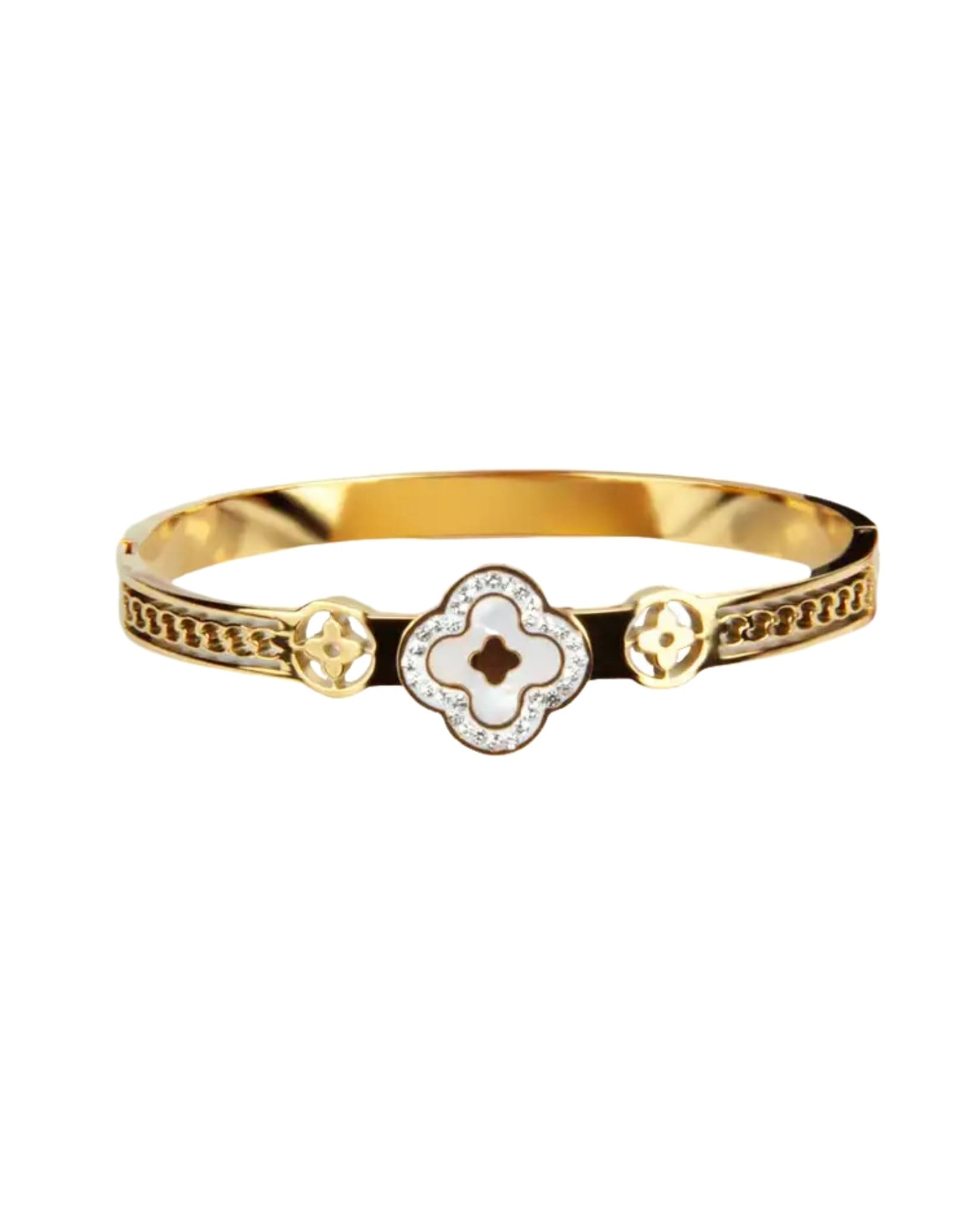 Gold clover bangle bracelet with white enamel and sparkling rhinestones.