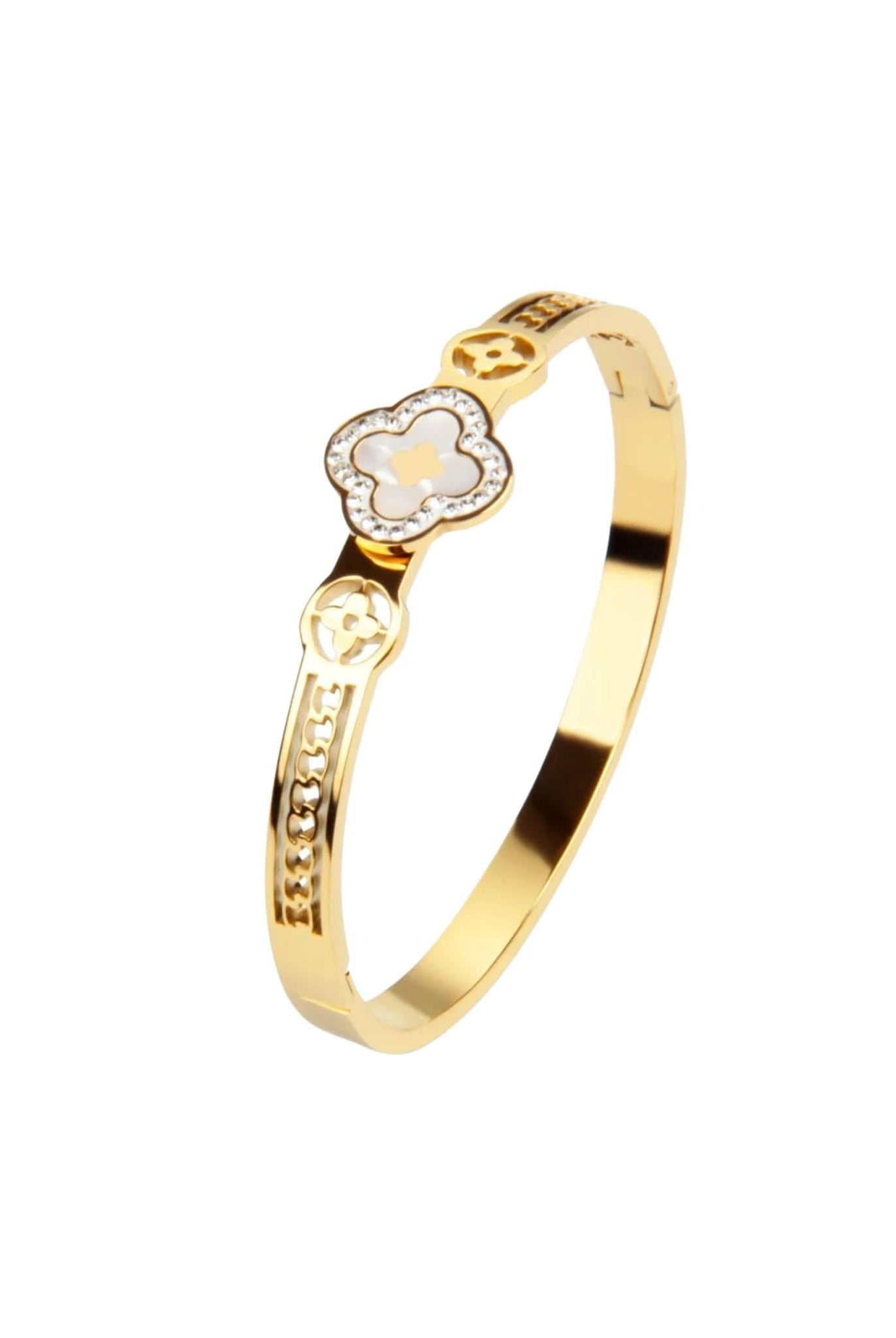 Gold bangle bracelet with clover design and crystal accents.