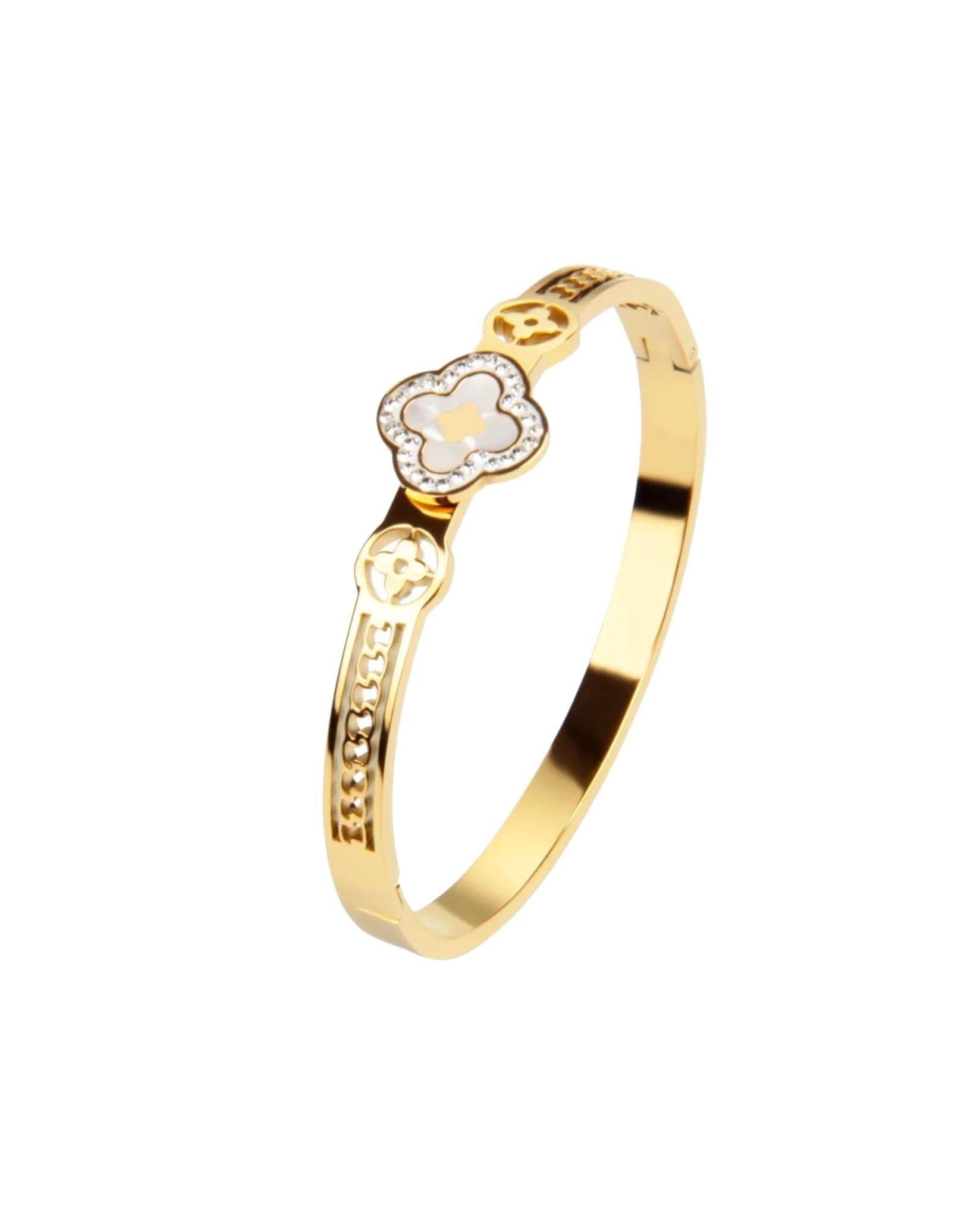 Gold bangle bracelet with clover design and crystal accents.