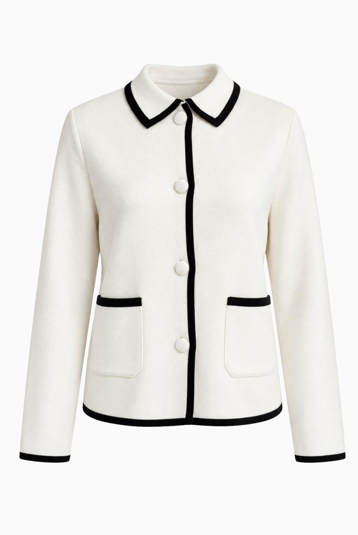 White collared cardigan with black contrast trim, covered buttons and front pockets.