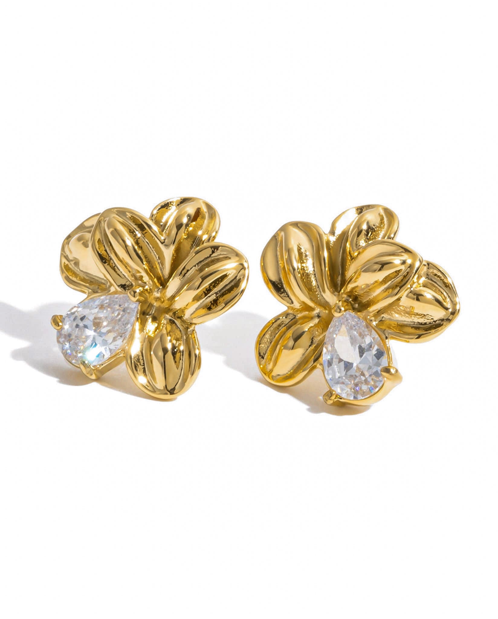 Flower-shaped gold earrings with clear teardrop crystal, Crystal Teardrop Flower Earrings