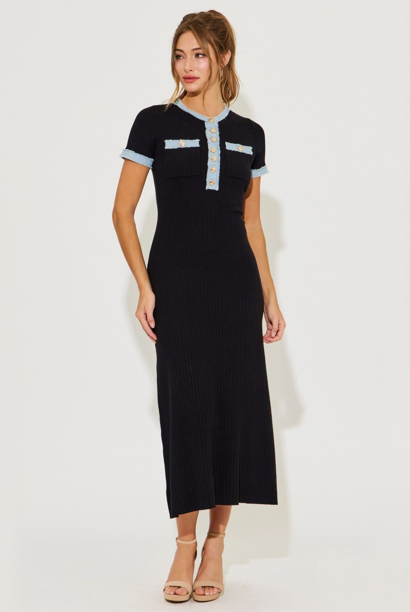 Black ribbed midi dress with light blue denim details.