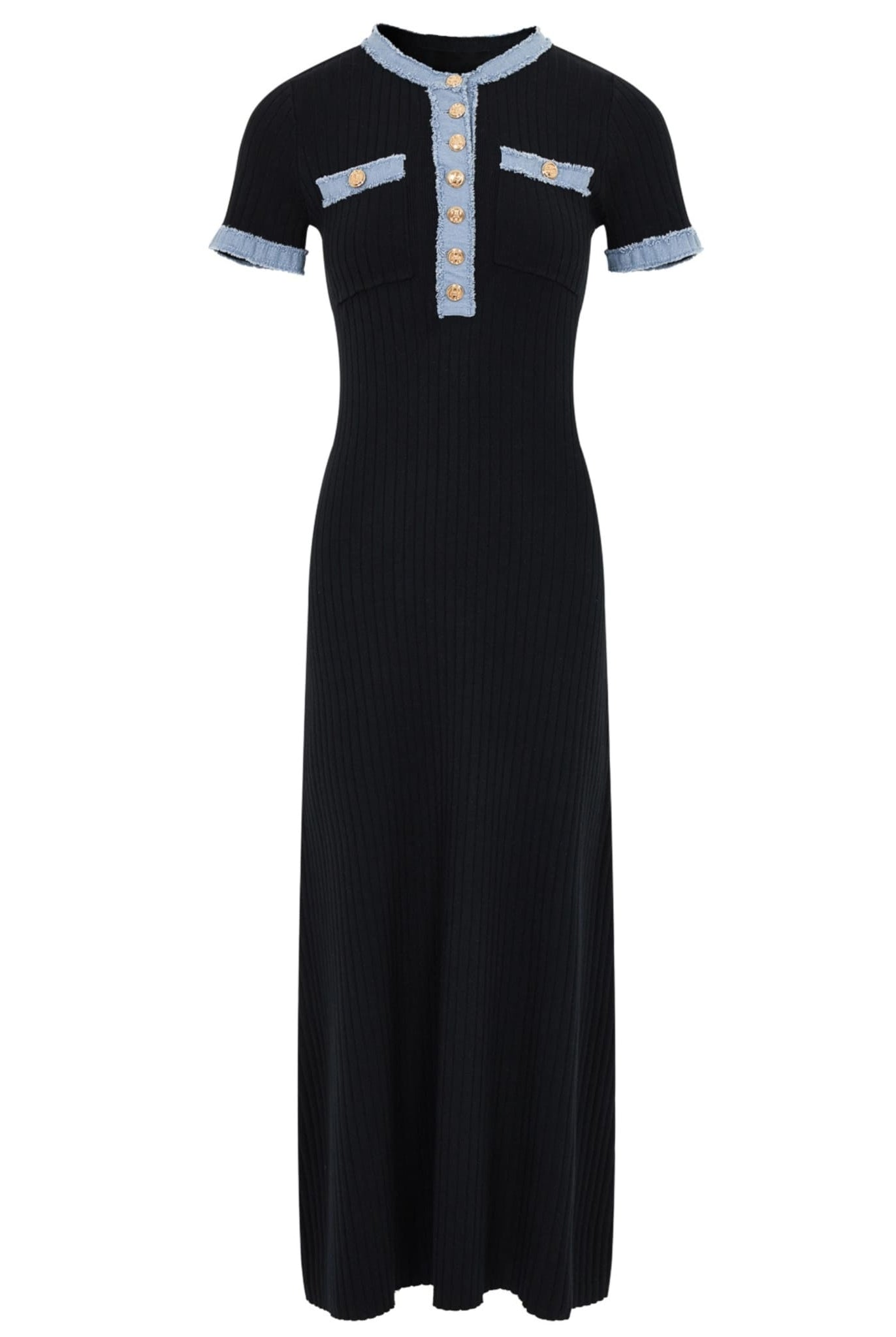 Black ribbed knit dress front view with chest pockets.