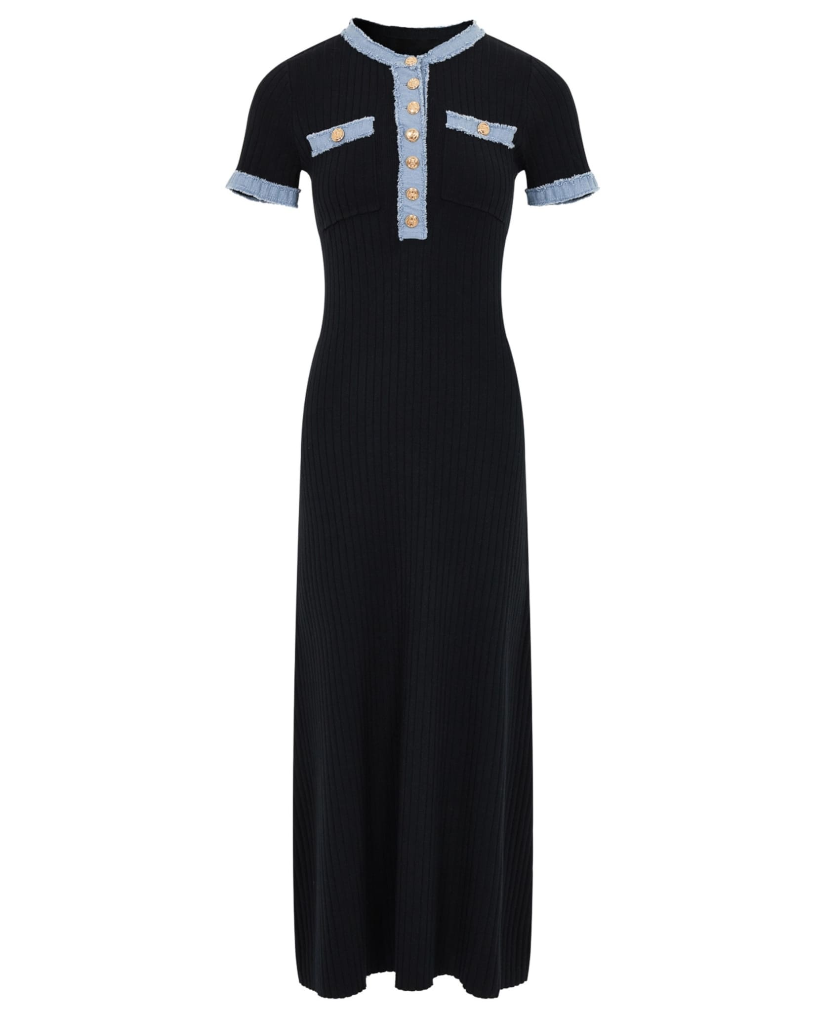 Black ribbed knit dress front view with chest pockets.