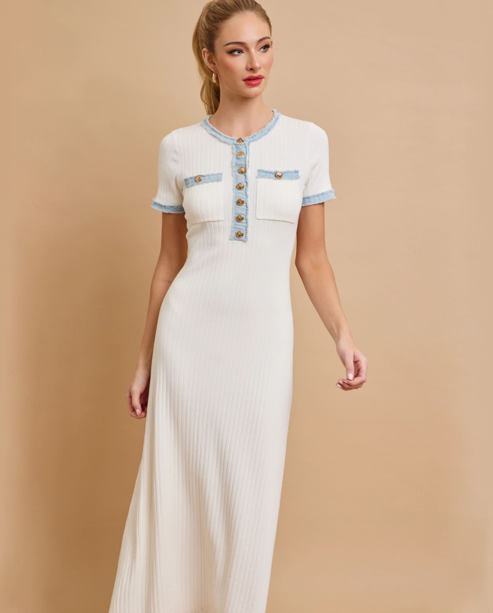 White ribbed knit midi dress with denim trim.