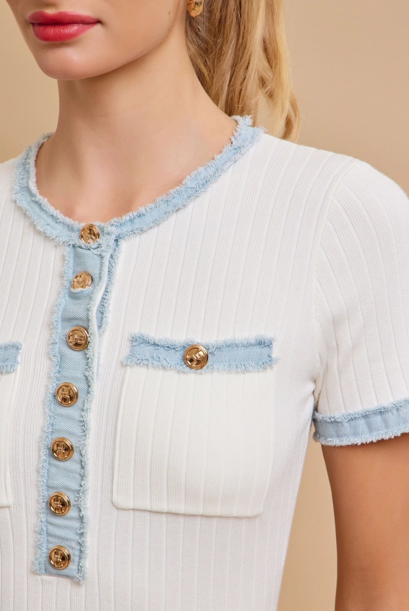 White ribbed midi dress with light blue denim details.