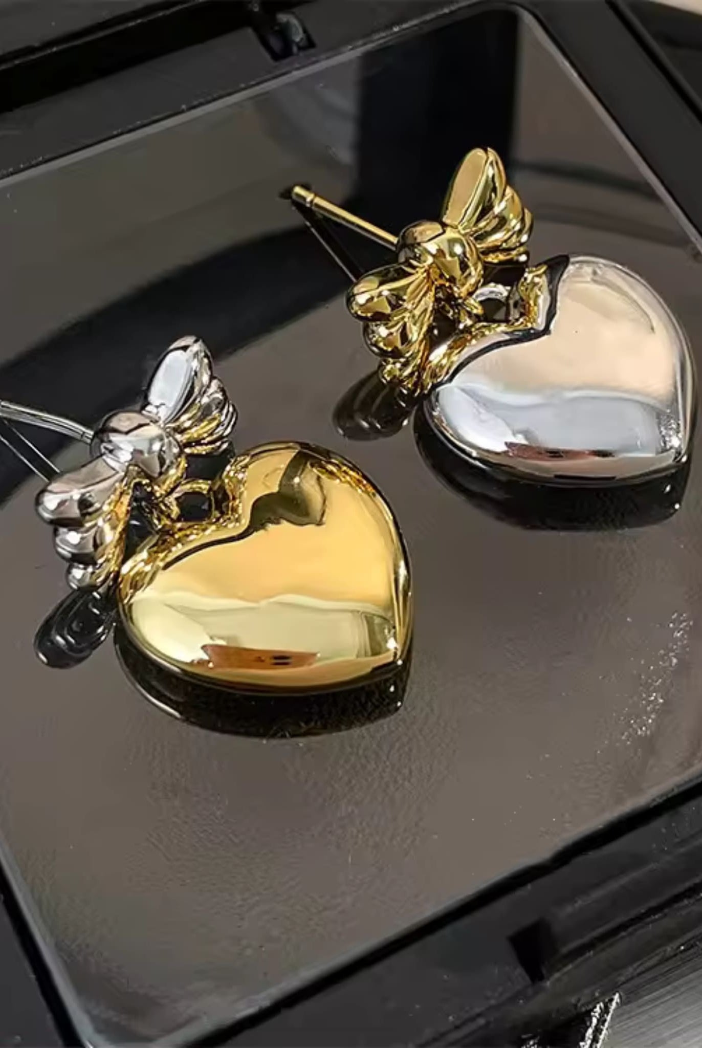 Duo-Color Bowknot Heart Earrings