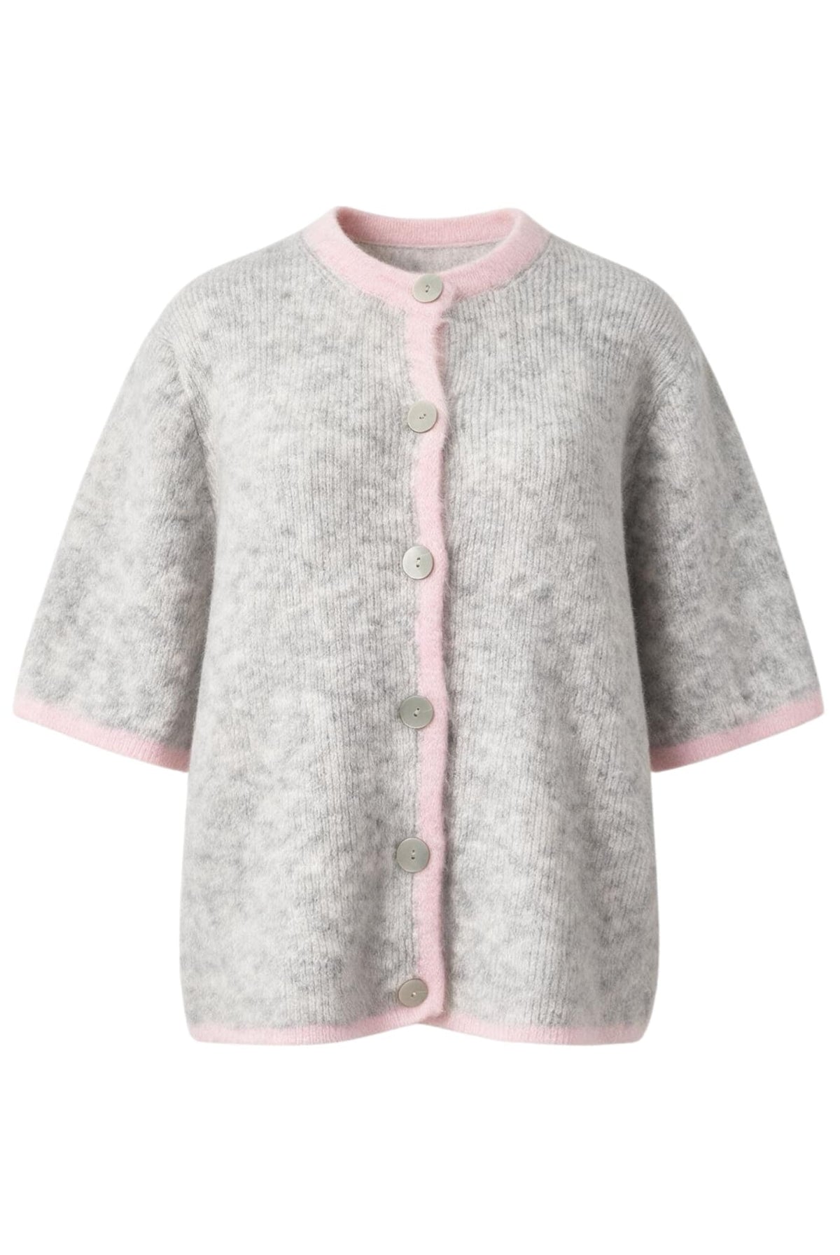 Grey knit top with pink trim, short sleeves and button front.