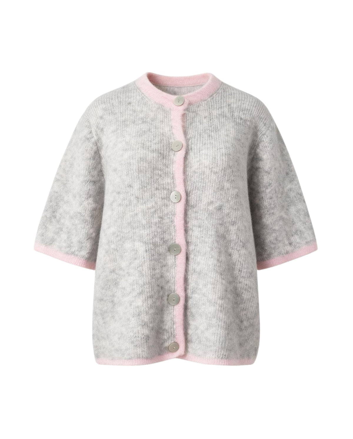 Grey knit top with pink trim, short sleeves and button front.