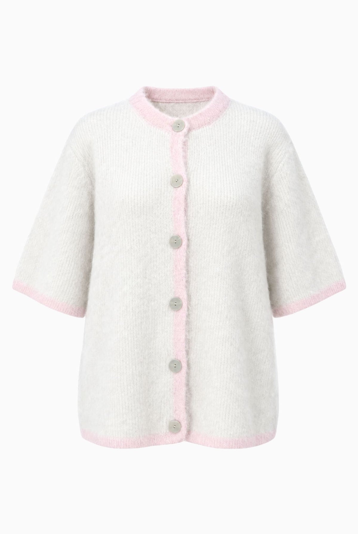 White knit top with pink trim, short sleeves and button front.