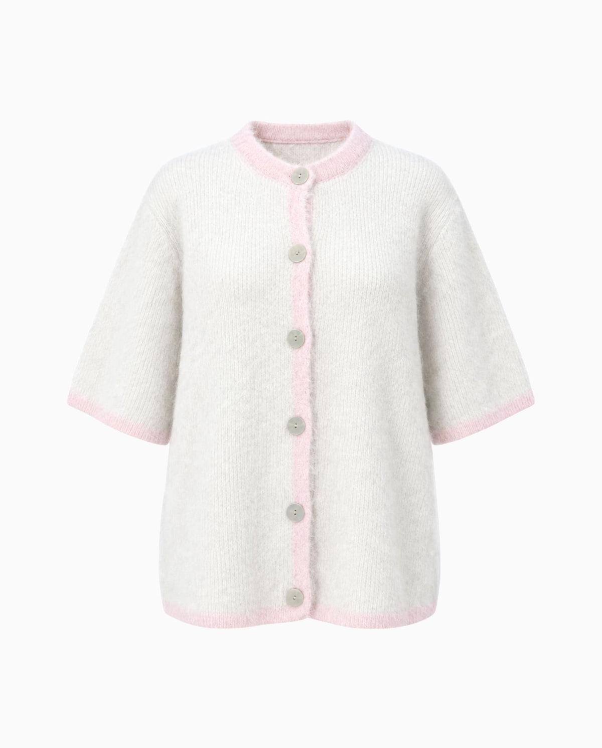 White knit top with pink trim, short sleeves and button front.