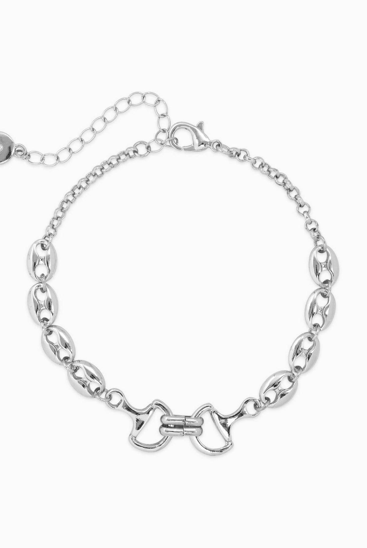 Silver horse bit chain bracelet with oval links and adjustable extender chain.