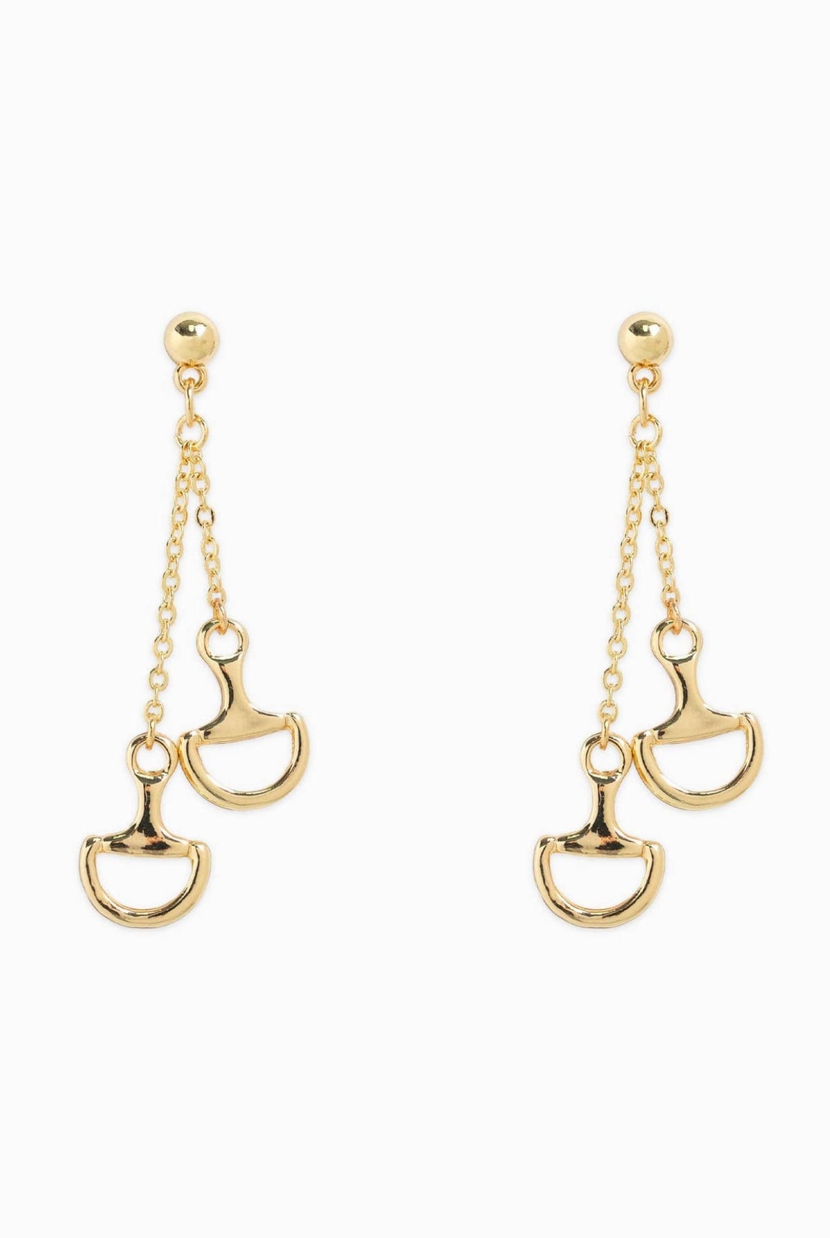 Gold horse bit dangle earrings with double pendants and delicate chains.