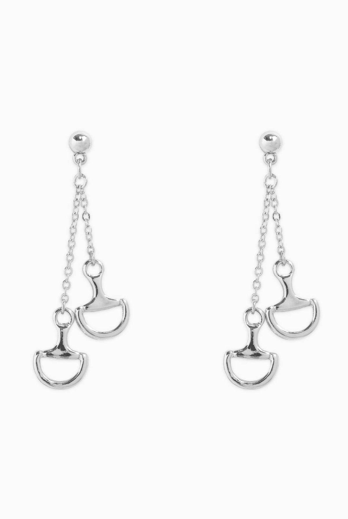 Silver horse bit dangle earrings with double pendants and chain details.