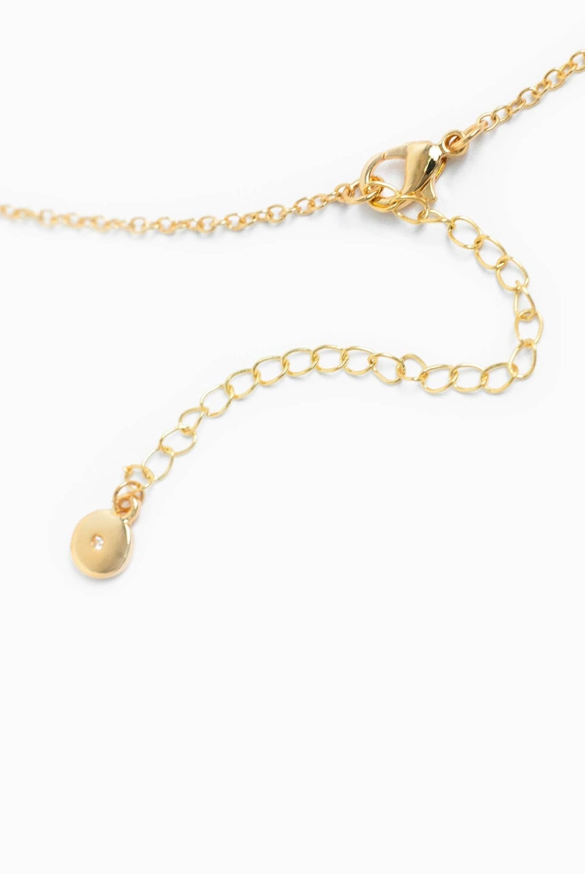 Gold horse bit drop necklace with adjustable chain and lobster clasp.