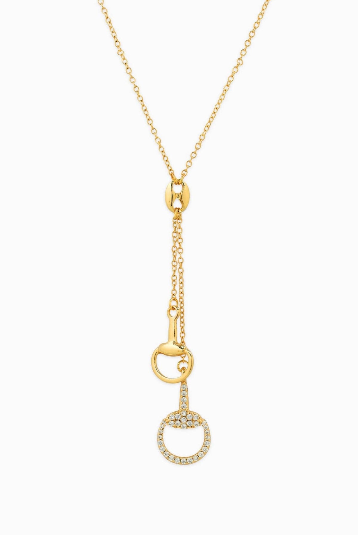 Gold drop necklace with horse bit pendants and crystal detailing.