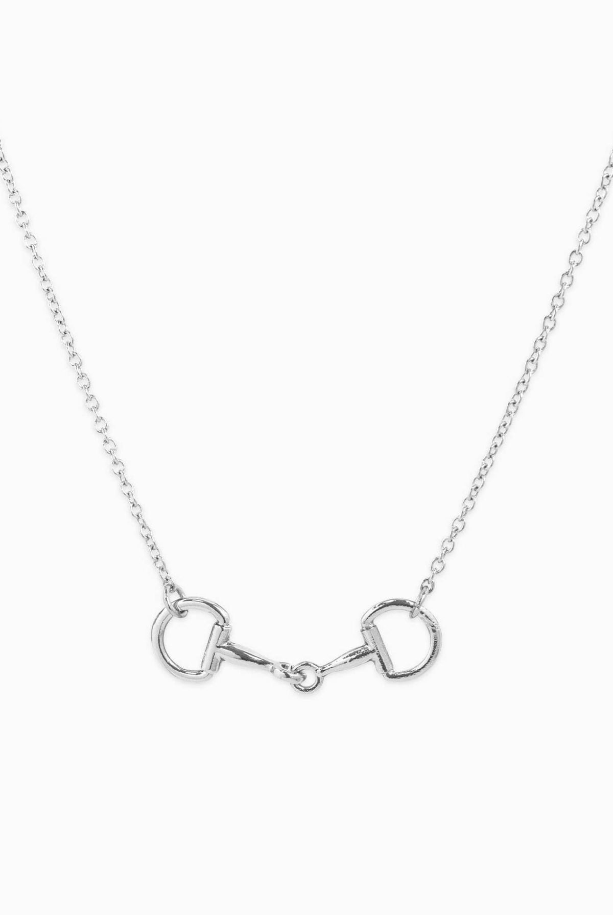 Silver chain necklace with horse bit pendant on white background.