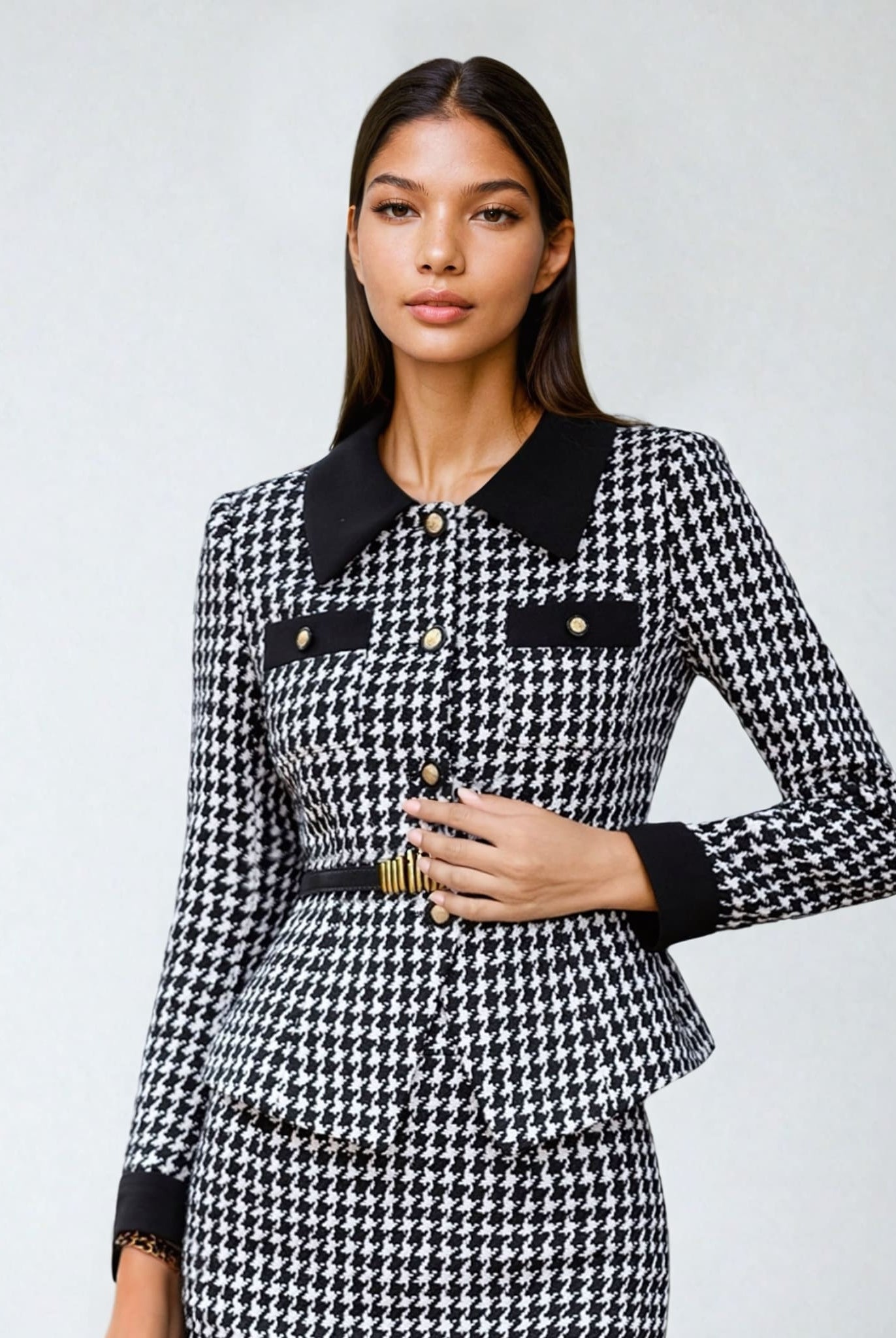 Houndstooth Belted Tweed Blazer
