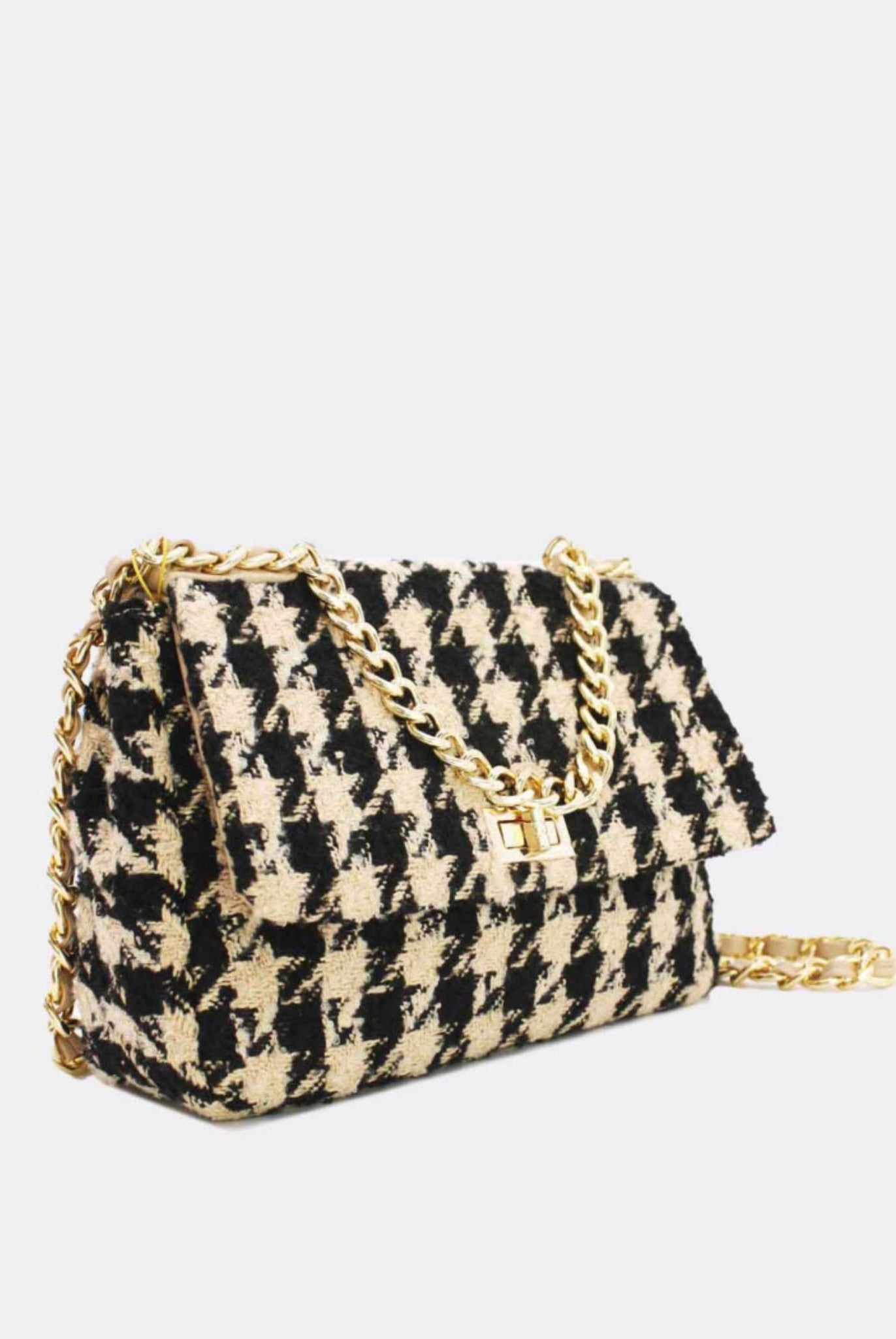 Houndstooth Tweed Crossbody Bag Beige