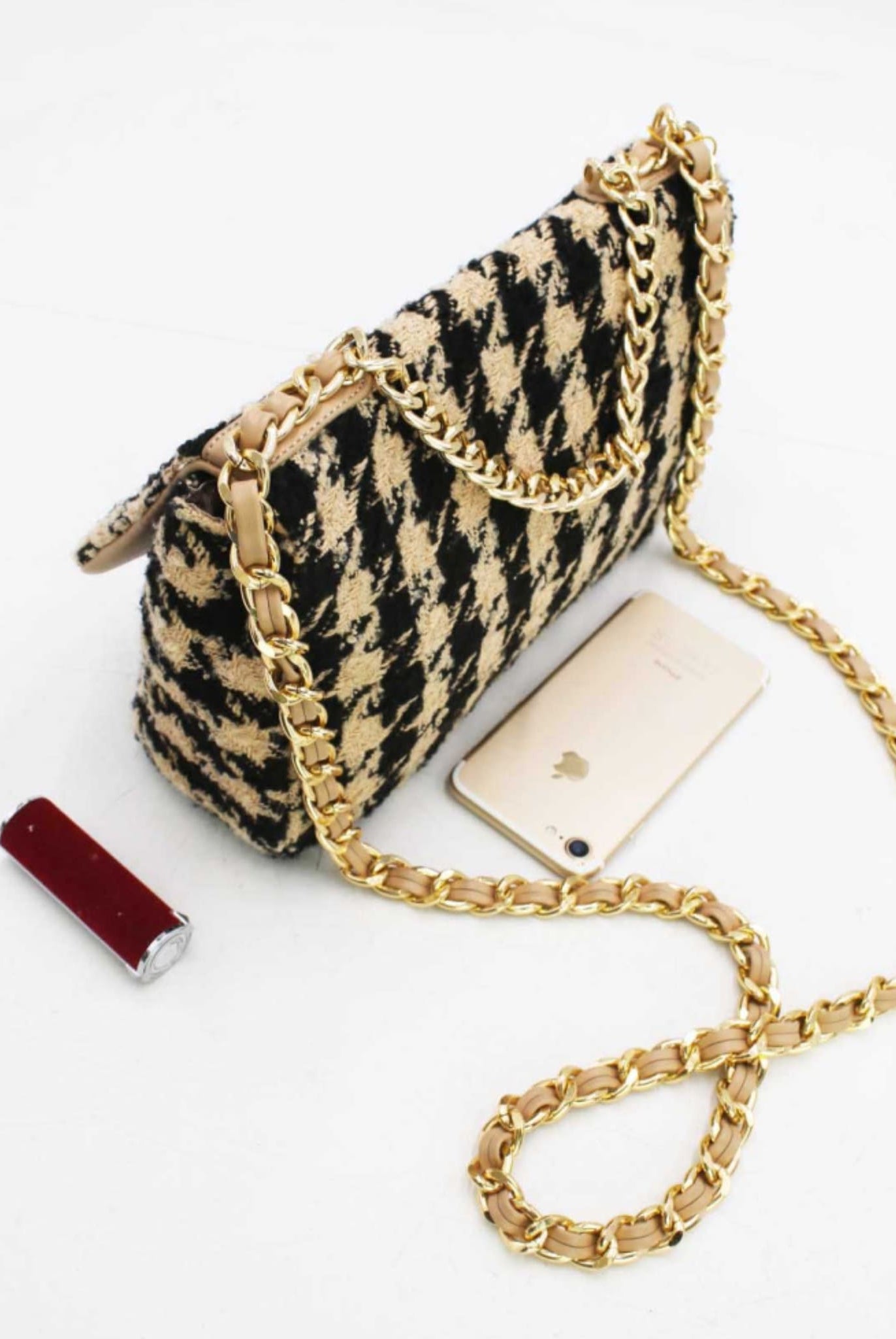 Houndstooth Tweed Crossbody Bag Beige