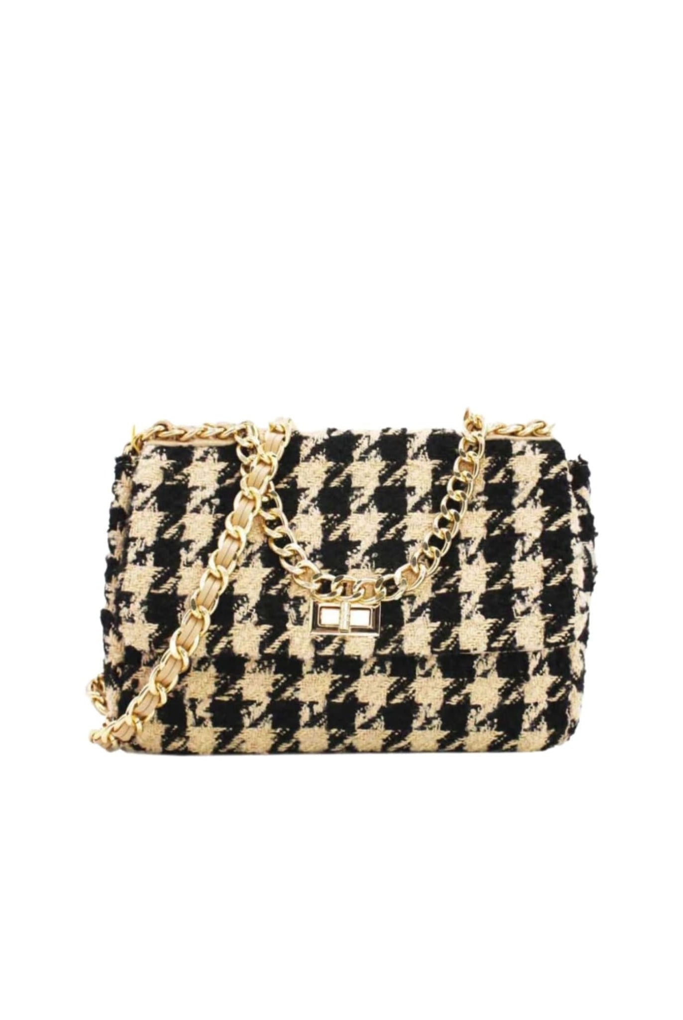 Houndstooth Tweed Crossbody Bag Beige