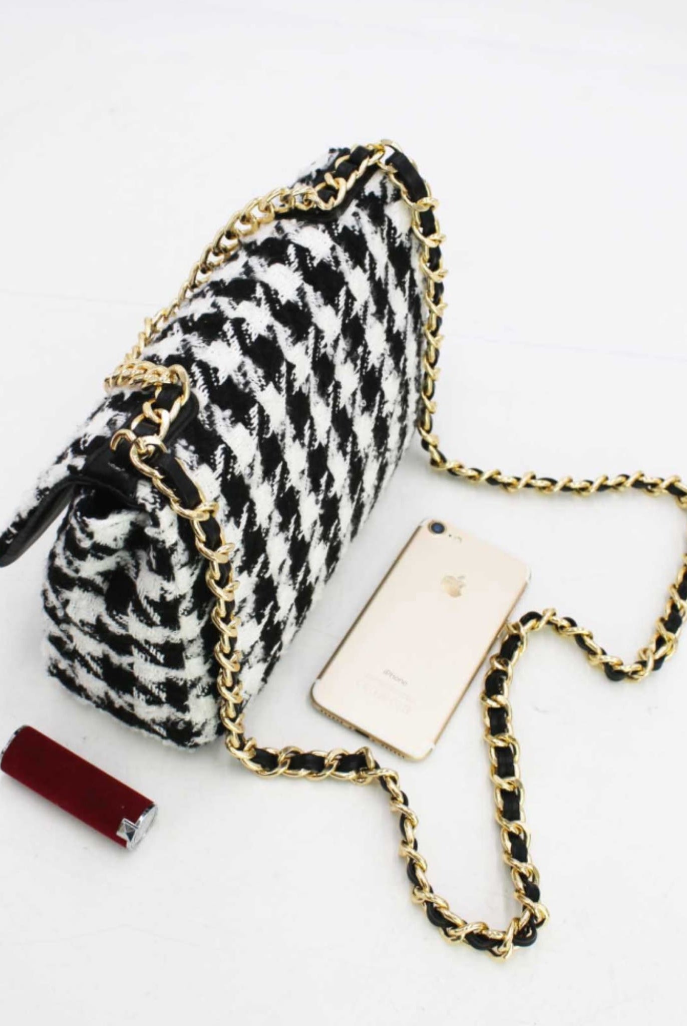 Houndstooth Tweed Crossbody Bag Black