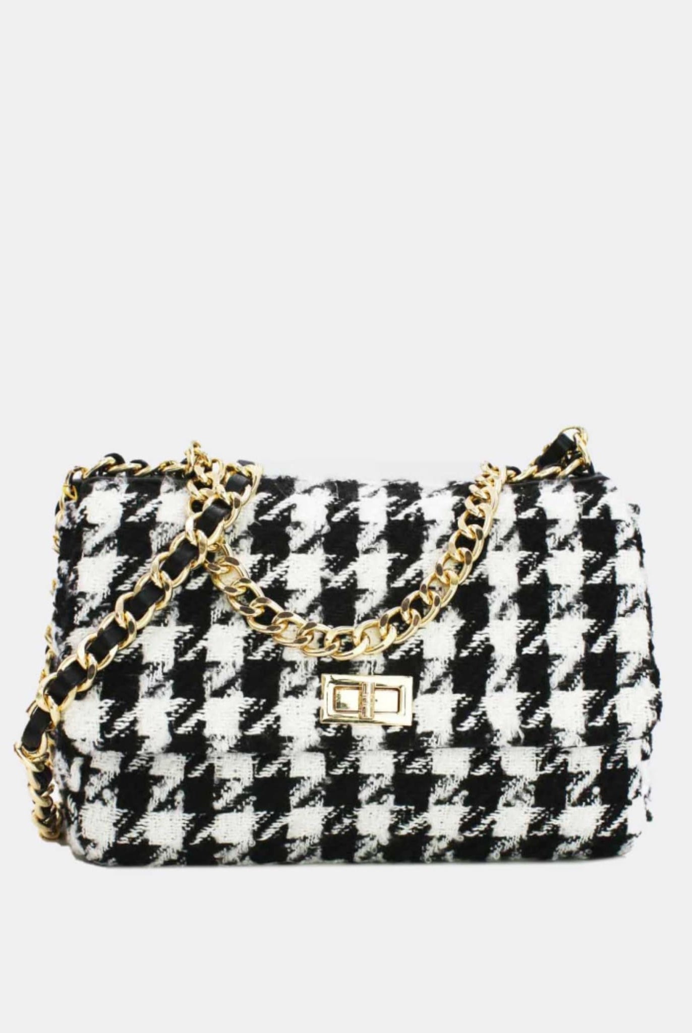 Houndstooth Tweed Crossbody Bag In Black