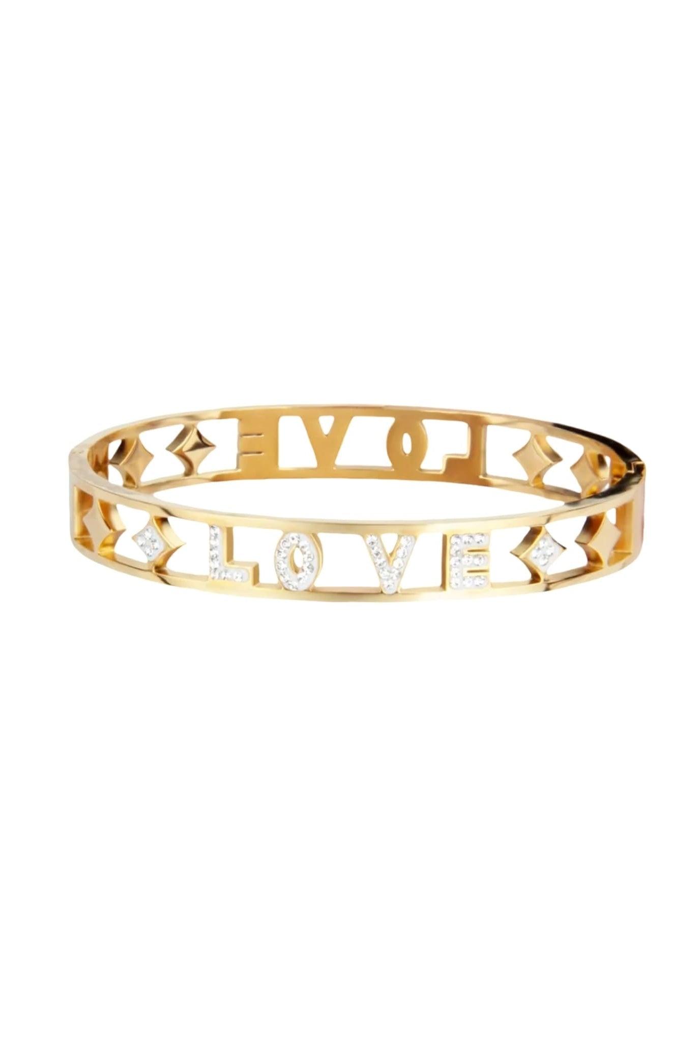 Gold bangle bracelet with cut-out LOVE letters and crystal details.