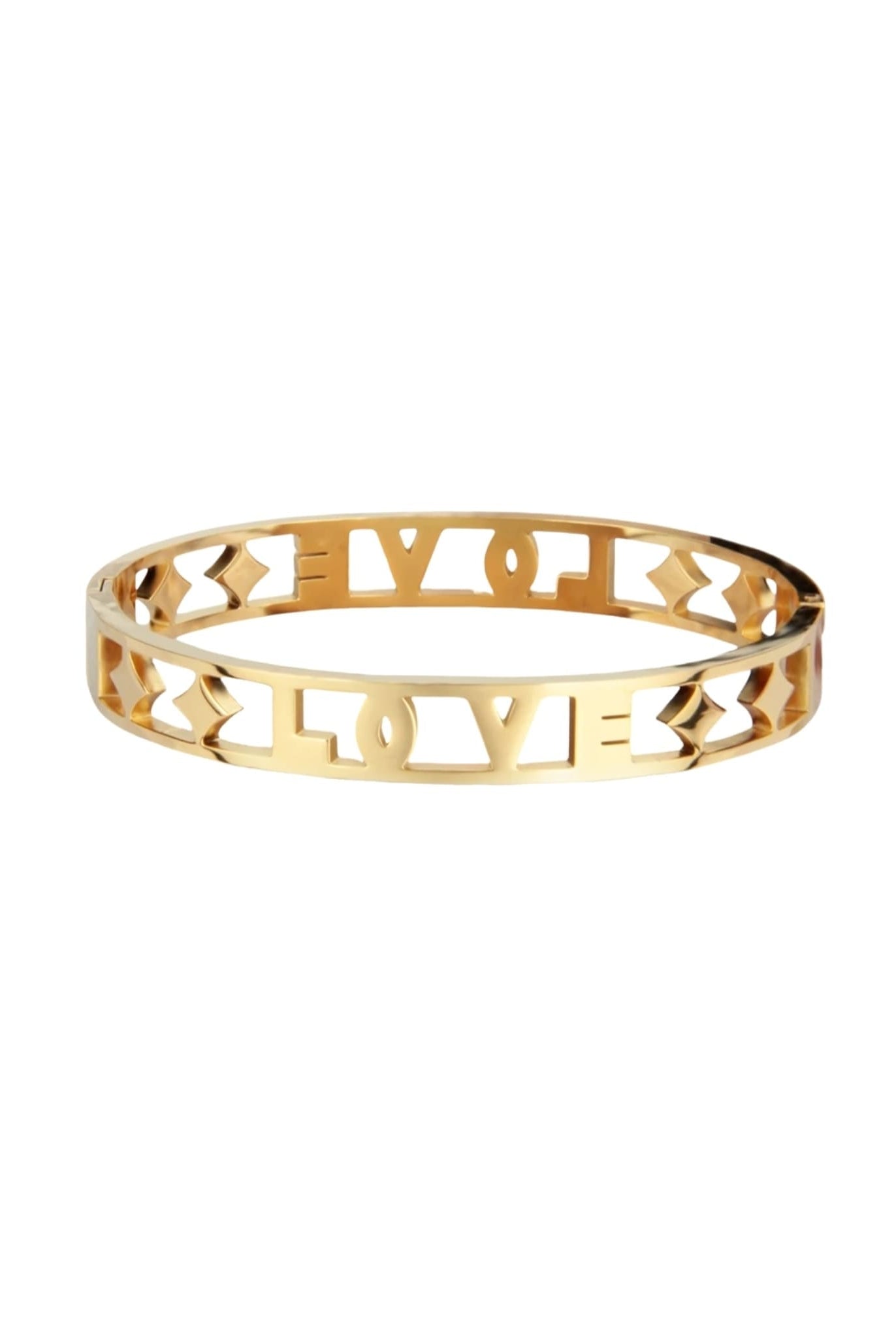 Gold bangle bracelet with LOVE letters and small crystal details.