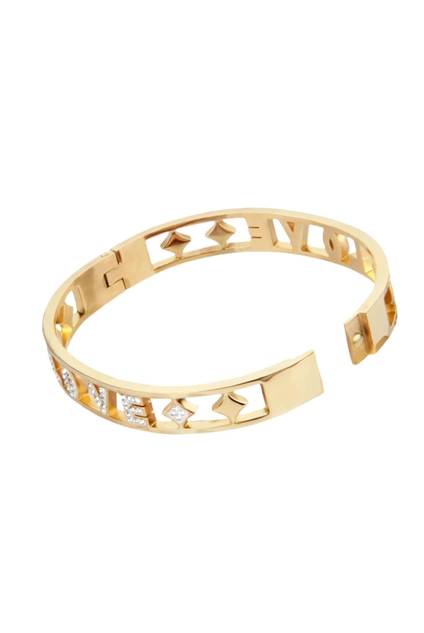 Gold bangle bracelet with an open clasp and LOVE letter cut-outs.