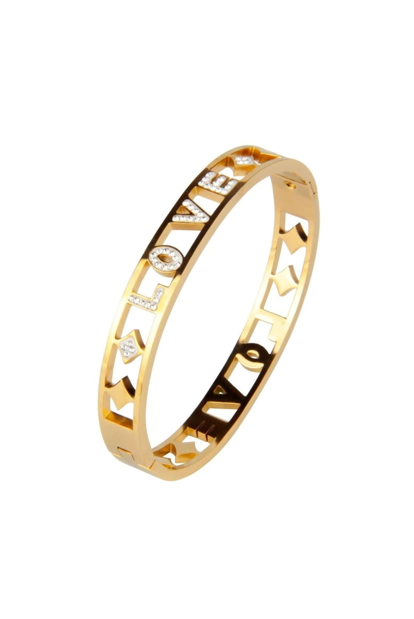 Gold stainless steel bangle bracelet with LOVE cut-out design and crystals.