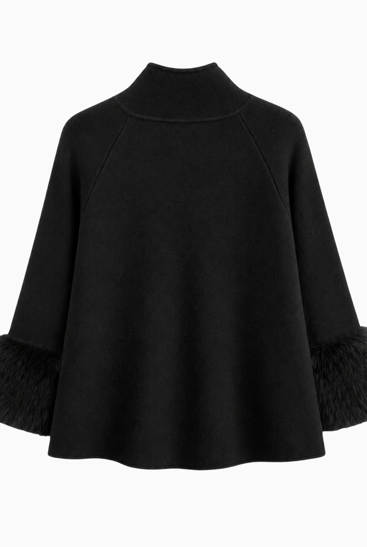 Black knit poncho with faux fur cuffs, back view.